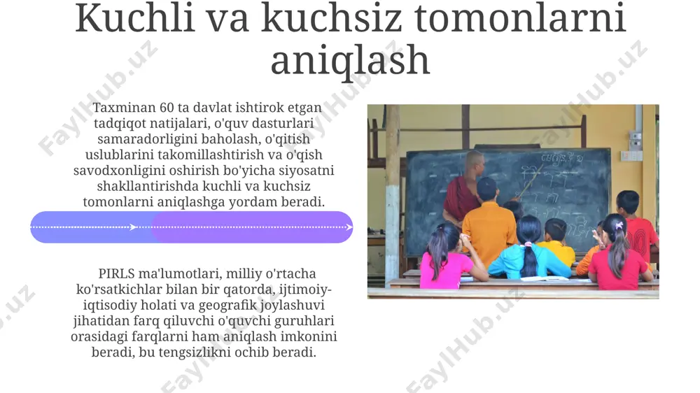 , milliy o'rtacha ko'rsatkichlarni 500 ball shkalasi bo'yicha taqdim etadi va bu ko'rsatkichlarni xalqaro miqyosda solishtirish imkonini beradi. maktablararo taqqoslash uchun pirls ma'lumotlaridan foydalanib, o'qituvchilarning malakasi va resurslarning yetarliligi o'quvchilarning yutuqlariga sezilarli darajada (p<0.05) ta'sir ko'rsatishini ko'rsatish mumkin. ta'lim siyosatiga ta'siri pirls tadqiqoti natijalariga ko’ra, o’quvchilarning savodxonlik darajasini 15 ballga oshirish uchun mo’ljallangan milliy strategiya qabul qilindi. pirls natijalari, ta’lim siyosatining samaradorligini baholashda muhim ko’rsatkich bo’lib, o’quv dasturlarini 30% ga qayta ko’rib chiqishga olib keldi. pirls natijalaridan foydalanish xalqaro taqqoslashda, pirls natijalari o'zbekistonning 50 ta mamlakat orasida o'qish savodxonligi bo'yicha 32-o'rinda ekanligini ko'rsatdi, bu esa ta'lim siyosatini yanada takomillashtirish zarurligini ta'kidlaydi. pirls natijalari, maktablarning o'quv dasturlarini 4-sinf o'quvchilarining o'qish savodxonligi darajalariga moslashtirishda, o'rtacha 570 balldan past natijalarga ega bo'lgan maktablar uchun qo'shimcha resurslar ajratishda muhim rol o'ynaydi. o'quvchilarning o'qishga bo'lgan munosabati pirls tadqiqotida, o'qishga ijobiy munosabat bildirgan o'quvchilarning 75% dan ortig'i yaxshi va a'lo baholarga ega bo'lishgan, bu motivatsiya va …