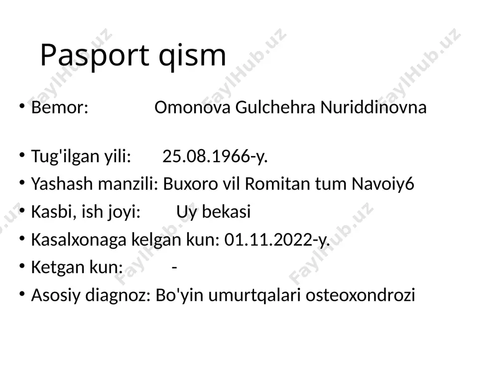 mfa tugunlari kattalashmagan. suyak-bo'g'im sistemasi deformatsiyasiz. gavdasi normostenik. o'pkasida vezikulyar nafas, nos-18ta/min. yurak tonlari bo'g'iq, puls-80ta/min, ritmik a/b- 130/90mm.sim.ust. qorni yumshoq, og'riqsiz, jigar va taloq paypaslanmaydi. ich kelishi va diurez regulyar. nafas olish sistemasi nafas olish burni orqali ravon, nafas harakatlari ko'krak tipida, ko'krak qafasi simmetrik, silindrik. gavdasi normostenik. ko'krak qafasi palpatsiyada ovoz dirillashi va ko'krak qafasi rigidligi normada, perkussiyada aniq o'pka tovushi, o'pka chegaralari normada auskultatsiyada vezikulyar nafas nafas olish soni-18 ta/min. o'pka chegaralari o'ng chap lin. clavicularis 6 - lin. axillaris anterior 7 7 lin. axillaris media 8 8 lin. axillaris posterior 9 9 lin. scapularis 10 10 lin. paravertebralis 11 11 yurak-qon tomir sistemasi shikoyati yo'q. yurak chegaralari normada, yuqori chegarasi chapdan to'sh qirrasi bo'ylab 3qovurg'aga, chap lin. clavicularis sinistradan 1sm tashqarida, o'ng chegarasi to'sh qirrasidan 1sm ichkarida. perkussiyada yurak maydoni sohasida absolyut bo'g'iq tovush. auskultatsiyada yurak cho'qqisida, aortal klapan proyeksiyasida 2-ton eshitiladi. pulsi-80ta/min, ritmik q/b- 130/90 …
