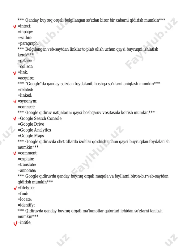 i tekshiradi va bloklaydi =ma'lumotlar bazasida so'rov yuboradi va mos natijalarni qaytaradi =saytning host manzilini tekshiradi *** qidiruv natijalari qaysi algoritmlar asosida tuzilgan*** =css va html =pagerank va rankbrain =javascript va python =bootstrap va jquery *** qidiruv tizimi qanday uning maqsadini aniqlaydi*** =saytlarning dizaynini o'zgartirish =aniq maqolalarni to'plash =foydalanuvchilarga eng mos va foydali natijalarni taklif qilish =saytlar orasidagi aloqalarni chegaralash *** qidiruvda qanday operatorlardan foydalanish mumkin*** =site: =link: =browse: =explore: *** qidiruv natijalari qaysi xususiyatlarga ega bo'ladi*** =ranglangan saytlar yuqori o'rinda ko'rinadi pc карандаш pc карандаш pc карандаш pc карандаш pc карандаш pc карандаш =ma'lumotlarni qisqa va aniqligi bo'yicha taqsimlash =qandaydir bir maqola to'plami bo'yicha taqdim etiladi =saytning dizayni va rangi *** qidiruvda "filetype:" operatori qanday ishlaydi*** =foydalanuvchining izlagan fayl formatini aniqlaydi =saytni bloklaydi =saytning ip manzilini aniqlaydi =foydalanuvchilarni maqolalarini tekshiradi *** qidiruv natijalarini personalizatsiya qilish uchun qaysi vositadan foydalaniladi*** =google drive =google maps =google account =google analytics *** "google …