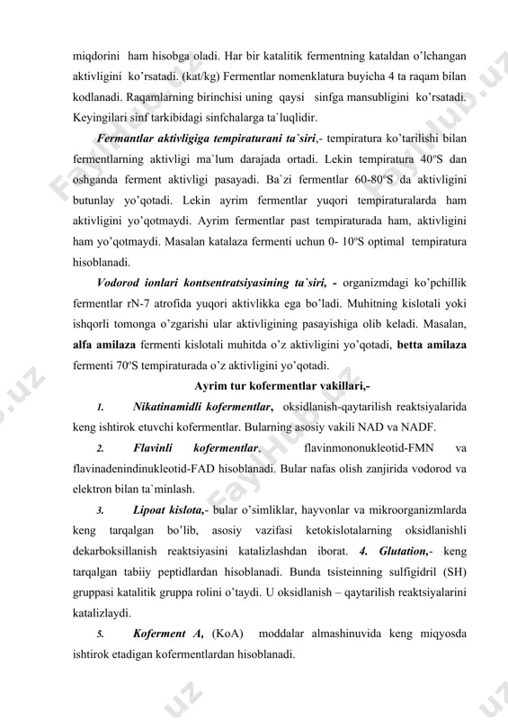 figidril (sh) gruppasi katalitik gruppa rolini o’taydi. u oksidlanish – qaytarilish reaktsiyalarini katalizlaydi. 5. koferment a, (koa) moddalar almashinuvida keng miqyosda ishtirok etadigan kofermentlardan hisoblanadi. 6. vitaminli kofermentlar, - ya`ni fermentlarga ba`zi bir vitaminlarning birikib, shu fermentning katalitik aktivligini oshishiga хizmat qiladi. fermentlar (lot. fermentum — achitqi), enzimlar — hayvon, oʻsimlik va bakteriyalarning tirik hujayralaridagi oqsilli katalizatorlar. f. maxsus xususiyatlari va kimyoviy reaksiyalarni tezlashtirishi bilan odatdagi katalizatorlardan farqlanadi. ular katalizatorlar kabi kimyoviy reaksiyalarning faollanish energiyasini pasaytiradi (qarang kataliz). 1914-yil rus kimyogari k.g.s. kirxgof undirilgan arpa donidan olingan ekstrakt taʼsirida kraxmalni qandgacha parchaladi. 1933-yilda fransuz kimyogarlari a. payen va j. perso birinchi marta arpa donidan amilaza fermentini ajratib oldilar. 19-asr oʻrtalarida mikrobiologiyanint asoschisi l. paster achish jarayonini tirik mikroorganizmlar (achitqilar) koʻzgʻatadi va bu jarayon ularning hayoti bilan bogʻliq deb koʻrsatdi. 1897-yilda nemis kimyogari e. buxner achitqidan spirtli achish jarayonini chaqiruvchi fermentni ajratib oldi. 20-asr boshlariga kelib nemis kimyogari r. vilshtetter xodimlari …
