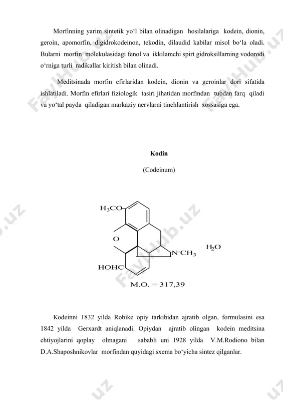 fosfatning suvdagi eritmasiga kumush nitrat tasir ettirilsa, nitrat kislotada yaxshi eriydigan sariq cho‘kma hosil bo‘ladi. preparat miqdorini bir necha usullar bilan aniqlanadi. 1.neytrallash usuli. malum miqdordagi preparat eritmasini fenolftalein indikatori ishtirokida bevosita natriy ishqorining 0.01 n. eritmasi bilan titrlanadi. 2. fergenntometrik usul. malum miqdoriga 0,1 n. kumush nitratni eritmasidan ortiqcha qo‘shib, reaksiyaga kirishmay qolgan kumush nitratni ammoniy rodanidning 0,1 n. eritmasi bilan titrlanadi. 3.kolorimetrik usul. bu usul morfinning qizil qon tuzini sariq qon tuziga o‘tkazishda temir (iii)-xlorid bilan ko‘k rangli berlin lazuri hosil qilishiga asoslangan. yana perxlorat kislota bilan ham titrlab miqdorini aniqlanadi. morfin og‘riq qoldiruvchi modda sifatida qo‘llaniladi. uni 0,01-0,02 g dan poroshok, tabletka holida va tomchilab ichiriladi. 1% li eritmasi teri ostiga yuboriladi. og‘zi mahkam yopiladigan qo‘ng‘ir shisha bankalarda ehtiyotlik bilan (a ro‘yxat) saqlanadi. foydalanilgan adabiyotlar. 1. турақулов ё.х. « биохимия» «ўқитувчи» тошкент 1996 й 2. цветков л.а. сведения о гетероциклических соединениях и нукленовых кислатах в кеурсе химии. …