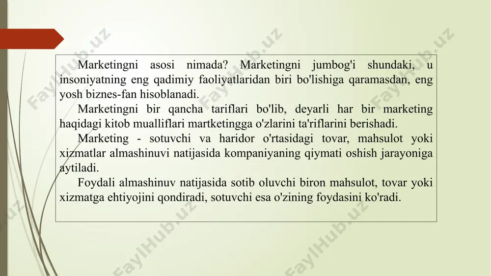 mida qondiriladi». marketing asosida bozorni har taraflama o'rganish yo'nalishlarining asosiylaridan quyidagilarni ko'rsatib o'tish zarur: • talabni o'rganish; • bozor tarkibini aniqlash; • tovarni o'rganish; • raqobat sharoitlarini tadqiq qilish; • sotish shakli va uslublarini tahlil etish. marketing quyidagilarni o'rgatadi: • bozorni o'rganishni; • uni taqsimlashni; • tovarini joylashtirishni; • marketing siyosatini olib borishni; • tovar siyosatini; • narx siyosatini; • taqsimot siyosatini; • siljitish (yo'naltirish) siyosatini; • yuksalish, qo'shimcha xizmatlarini (plus) - (bunga marka, sotishdan keyingi xizmat, kafolat va texnik yordam, yetkazib berish, assortiment, shaxsiy iste'mol va boshqalarni kiritish mumkin). mutaxassislar marketingning 8 ta asosiy vazifasini koʻrsatib oʻtadilar: rejalashtirish va mahsulotni yaratish; mahsulotning navi va standartlarini belgilash; mahsulot xaridi va uni guruhlashtirish; sotish; omborga joylash; transport xizmati; marketing faoliyatini moliyalash; xatarlar va bozorga oid axborotlar toʻplash. image1.jpeg image2.png image3.png /docprops/thumbnail.jpeg