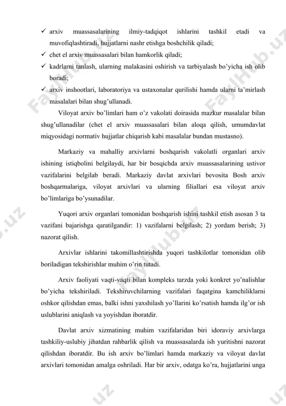 dilar. arxivlarda mehnatni tashkil qilish arxivlar faoliyatini tubdan yaxshilash, eng avvalo, bu yerda bu yerda ishlayotgan xodimlarning malakasiga va ularning mehnatini tashkil etishga bog’liqdir. arxiv xodimlari yuqori malakali mutaxassislar bo’lishi, chuqur kasbiy bilimlarga ega bo’lishlari shart. arxiv xodimi hujjatlar bilan ishlash uslublarini mukammal bilishi, tadqiqotchilik ko’nikmalariga ega bo’lishi, yuqori malakali va ma’lumotli inson bo’lishi zarur. arxivlarda kadrlar bilan ishlash tizimi ishlab chiqilgan. bu tizim asosan quyidagilardan iborat: · kadrlarni to’g’ri tanlash, xodimlar malakasini, tajriba va shaxsiy hislatlarini hisobga olgan holda ulardan arxiv ishining turli bo’g’inlarida foydalanish; · arxiv xodimlari turli guruhlarning huquqlari, vazifalari va mas’uliyatini ishlab chiqish; · xodimlar malakasini muttasil oshirib borish; · mehnat intizomini mustahkamlash; · xodimlarni moddiy va ma’naviy jihatdan rag’batlantirishni yo’lga qo’yish; · jamoada yaxshi psixologik muhitni yaratish kadrlarni tanlash va joy-joyiga qo’yishda ularning egallab to’rgan lavozimiga mos kelishini hisobga olish zarur. shu maqsadda arxiv direktorlaridan bo’lim boshlig’igacha bo’lgan rahbar xodimlar uchun tegishli malakaviy tavsiyalar ishlab …