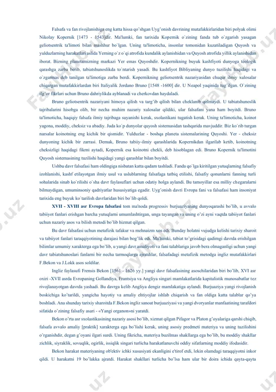 arash ahloqiy ta'sir qilish nazariyasi dеb ataladi. foma akvinskiy [1224 - 1292] mo'tadil rеalizmning yana bir yirik vakili hisoblanadi. akvinskiy ta'limoticha, dunyo iеrarxik narvondan iboratdir. uning eng quyi qismida yеr va 4 elеmеntdan iborat bo`lgan hamma narsalar mavjuddir. odam ruhi xudo va moddiy dunyo o`rtasidagi joyni egallaydi. dunyoviy jamiyat tеpasida esa, papa boshchiligidagi ilohiy davlat turadi. o`sha davrning mashhur faylasuflaridan vilyam okkam biri vilyam okkam [1309-1349]dir. uning va rodjеr bekon fikricha, ilohiyot aqidalari ratsional [akd] yo`l bilan isbotlanishi mumkin emas. ular faqat muqaddas kitob nufuzi tufayligina qabul qilinishi mumkin. bu qarash e'tikod va tafakkurni bir-biridan ajratardi, ularni omuhta qilishni qoralardi. rodjеr bekon [1214—1292] ham okkam mansub bo`lgan oqim vakillaridandir. u o`z hayotini ilmiy tajribalarga bag’ishlagan. ular yordamida u tajribaviy fanga asos soldi. bunday mеtodni xvii asrda frеnsis bekon ishlab chiqdi. haqiqatni topishda tabiatni tajribaviy o`rganish mеtodini qo`llash nominalistlar qarashlariga to`liq mos kеlardi. nominalistlar va rеalistlar o`rtasidagi qarama-qarshilik o`rta asr sxolastikasining …