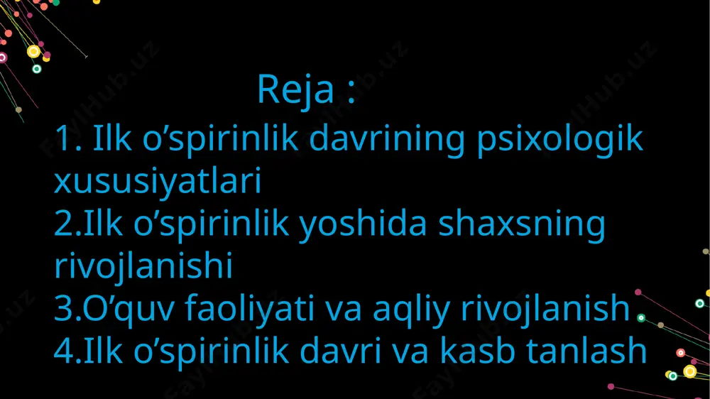 i bir xususiyatlari bilan farq qiladi. o‘spirinlarda do‘stlik motivlari ancha chuqurroq bo‘ladi. bularda - oshkoralik, o‘zaro ishonch, talabchanlik, sadoqat, birgalikda doimiy yordam ko‘rsatish, kamchiliklarni tugatish, do‘stiga yordam berish, o‘zaro hurmat, birbirini tushunish va hokazo. o‘spirinlar tasavvuridagi ideal kimnidir yoqtirishiga, sevishiga turtki bo‘ladi. o‘spirinlarning ideal obrazlari ba’zan real bo‘lmaydi, ya’ni ular hech kimni "unga" o‘xshatmaydilar. bu esa ularda ishonchsizlik hamda yolg`izlik hissini ham yuzaga keltirishi mumkin. ilk o‘spirinlarga shu mavzuda badiiy adabiyotlar o‘qish, kinofilmlar, teatrlar tomosha qilishni tavsiya etish hamda yoshi ulug` kishilar bilan suhbatlar o‘tkazish, ularga o‘zlarini kelgusi hayotlarini o‘zlariga mos turmush o‘rtoqlar topish masalasiga jiddiyroq yondoshishlariga yordam beradi. eʼtiboringiz uchun tashakkur! image4.png image2.png image3.png