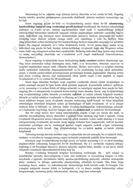 dagi atrof-olamda o’z yo’nalishini belgilab olishning yangi vositasi – bilimlarga ega. 2. inson ongi voqelikning ahamiyatli tomonlarini, qonuniyatga ega bo’lgan aloqalarini aks ettiradi. ong – bu insonning olamga uning ob’ektiv qonuniyatlari haqidagi bilimlarga ega bo’lgan holdagi munosabati. bu munosabat hayotiy muammolarni sinov va xatolar metodi yordamida emas, balki, atrofdagi muhitning turli tomonlari o’rtasida aniq, qonuniyatli aloqalarni o’rnatish asosida hal etish imkonini beradi. 3. ong faoliyat maqsadining anglanganligi, kelajakda sodir bo’ladigan hodisalarni tushunchalar orqali modellashtirish, umuminsoniy tushunchalar, bilimlar tizimida harakatlarining natijalarini oldindan sezish kabi xususiyatlarga ega. inson oldindan ko’ra oladi,o’z harakatlaridan kutilayotgan natijalarni rejalashtiradi, ularga erishishning muvofiq usul va vositalarini tanlaydi. 4. shaxs ongi ijtimoiy ong bilan belgilanadi. ijtimoiy ongning to’rt xil shakli mavjud: fan – ilmiy bilimlar, tasavvurlar, kontseptsiyalar va dunyoqarashlar yo’nalishlari tizimi; ijtimoiy ongning jamiyat qonunlari sohasi – ma’lum jamiyatning ahloqiy, g’oyaviy, siyosiy va huquqiy qadriyatlar va qoidalar tizimi; san’at – voqelikni tasviriy vositalar orqali ma’naviy-amaliy o’zlashtirishning maxsus turi, …