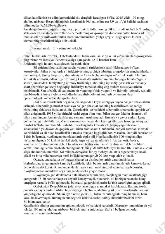 shulardan, har yili 8-10 mln. bemor kasallanadi va 2,5-3 mln. odam kasallikdan o'ladi. yer yuzida sil kasalligi bilan kasallanish turli mamlakatlarda 100000 aholiga quyidagicha: afrikada - 179,6; amerikada – 32,7; sharq va o'rta yer dengizida – 74,7; yevropada – 29,6; osiyo va janubiy sharqda – 146,7; tinch okean orti davlatlarida - 54,5 ga to'g'ri keladi (2005 y.). sil bilan kasallanish va o'limning ko'payishida boshqa qashshoq davlatlardan kelayotgan aholi va oiv-infektsiyasining tarqalishi muhim ahamiyatga ega. rivojlanayotgan va rivojlangan davlatlarda oits bilan kasallanish zamirida silning rivojlanish davri tezlashmoqda. sil, dunyo miqyosida jiddiy va dolzarb tibbiy-ijtimoiy muammo sifatida saqlanib qolmoqda. o'zbekiston respublikasida silga qarshi bir qator tadbirlarning olib borilishiga va xalqaro, chet el tashkilotlari tomonidan berilayotgan yordamlarga qaramasdan, sil bo'yicha epidemiologik vaziyat og'irligicha qolmoqda. respublikamizda sil kasalligining tarqalishiga noqulay ekologik vaziyat, aholining ijtimoiy-iqtisodiy ahvoli, aholi o'rtasidagi migratsiya, shu jumladan, oiv-infektsiyasi va oits bemorlar kontingentining ko'payishi sabab bo'lmoqda. biroq, so'ngi yillarda jadal va keng …