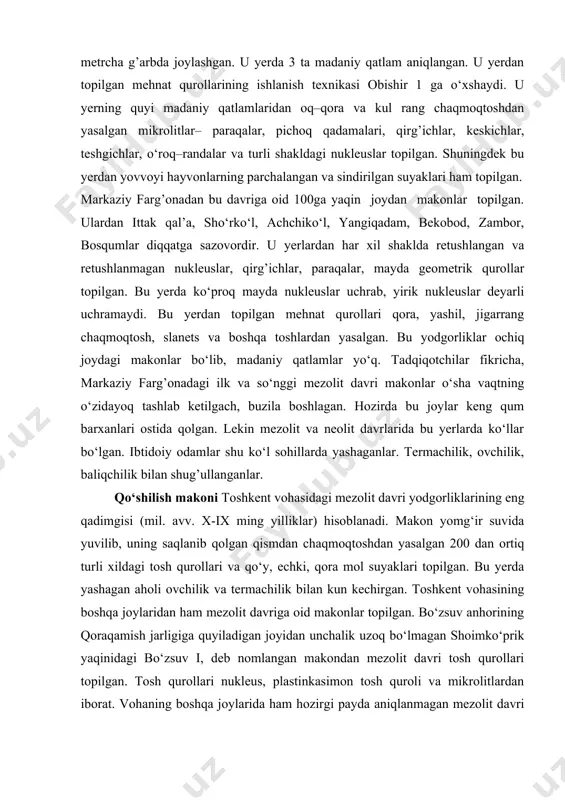 m sharqda joylashgan. u yerning madaniy qatlamlaridan mikrolitlar, bigizlar, qirg’ichlar, pichoq qadamalari, nukleuslar topilgan. ular boshqa joylardan topilgan mezolit davri qurollariga o‘xshaydi.obishir v g’or– makoni esa obishir 1 dan 200 metrcha g’arbda joylashgan. u yerda 3 ta madaniy qatlam aniqlangan. u yerdan topilgan mehnat qurollarining ishlanish texnikasi obishir 1 ga o‘xshaydi. u yerning quyi madaniy qatlamlaridan oq–qora va kul rang chaqmoqtoshdan yasalgan mikrolitlar– paraqalar, pichoq qadamalari, qirg’ichlar, keskichlar, teshgichlar, o‘roq–randalar va turli shakldagi nukleuslar topilgan. shuningdek bu yerdan yovvoyi hayvonlarning parchalangan va sindirilgan suyaklari ham topilgan. markaziy farg’onadan bu davriga oid 100ga yaqin joydan makonlar topilgan. ulardan ittak qal’a, sho‘rko‘l, achchiko‘l, yangiqadam, bekobod, zambor, bosqumlar diqqatga sazovordir. u yerlardan har xil shaklda retushlangan va retushlanmagan nukleuslar, qirg’ichlar, paraqalar, mayda geometrik qurollar topilgan. bu yerda ko‘proq mayda nukleuslar uchrab, yirik nukleuslar deyarli uchramaydi. bu yerdan topilgan mehnat qurollari qora, yashil, jigarrang chaqmoqtosh, slanets va boshqa toshlardan yasalgan. bu yodgorliklar ochiq joydagi …