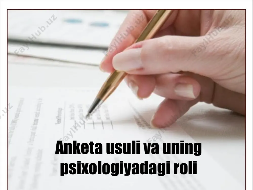 ________________ 2 2 shakl bo'yicha: a) ochiq savollar - javob respondentning malakasiga qarab erkin shaklda beriladi; n-r: sizningcha, hayotning mazmuni nima? b) yopiq savollar - savolga javob variantlarining to'liq to'plami berilgan; i. muqobil savollar - bitta javob varianti tanlanadi masalan: "siz mashq qilasizmi?": muntazam ravishda; ba'zan; hech qachon ii. muqobil bo'lmagan savollar - bir nechta javoblarni tanlashingiz mumkin masalan: "sizga boshqa odamlarning qaysi fazilatlari ko'proq yoqadi?" tashkilot; halollik; optimizm; sezgirlik; yaxshi xulq-atvor; bag'rikenglik; muloyimlik; bilimdonlik; jiddiylik; hazil tuyg'usi; ishonch anketa - tadqiqot predmetining miqdoriy va sifat xususiyatlarini aniqlashga qaratilgan yagona tadqiqot kontseptsiyasi bilan birlashtirilgan savollar tizimidir. 14 2 d) to'g'ridan-to'g'ri savollar - savol mazmuni tadqiqotchini nima qiziqtirayotganini o'z ichiga oladi; masalan: "zamonaviy dunyo qanday?" yoki "sizga klinik psixolog kasbi yoqadimi?" -ha; -yo'q; -bilmadim d) bilvosita savollar - mavzuning maqsadi yashiringan savollar; masalan: “klinik psixolog kasbi eng yaxshilaridan biri degan gapga qo‘shilasizmi?”: - ha; - yo'q; - bilmadim yoki "do'stlaringiz zamonaviy …