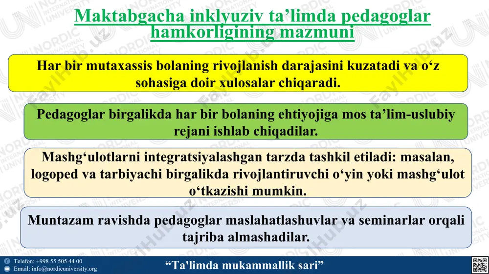 ining shaxsiy xususiyatlarini o‘rganish. ota-onalar bilan muloqot uchun ba’zi tavsiyalar: - ota-onalar bilan muloqot o‘rnatish jarayonida sof adabiy tilda (samimiy) ochiq va muntazam ravishda muloqot qilish; ota-onalarni ta’lim jarayonida qanday qilib ishtirok etishlari mumkinligini tushuntirish ya’ni maktabga har qanday vaqti kelib ta’lim jarayoni kuzatib borishi, farzandini dars jarayonidagi ishtirokini kuzatishi mumkin; • ota-onalarga bolaning milliy ta’lim dasturida qanday va qay darajada ishtirok etishini o‘rgatish (asosan yakka mashg‘ulotlarda); • ota-onalarga tarbiya dasturlari va qo‘llab-quvvatlash guruhlariga kirish huquqini berish (yig‘ilishlarda qatnashishini ta’minlash va ularni jalb qilish); • ota-onalar bilan aloqa bog‘lash ya’ni: telefon yoki yozma aloqa bog‘lash, ularni qo‘llab-quvvatlash guruhi yig‘ilishlari to‘g‘risida xabardor qilish; • qo‘llab-quvvatlash guruhi yig‘ilishlarida muhokama qilinadigan va ishtirok etadigan mavzular bo‘yicha ota-onalarga maslahatlar berish; • yig‘ilish oldidan ota-onalarga tanishish uchun uyga maqsad va vazifalarning taxminiy loyihasini yuborish; • maktab vakili ota-onalarni kutib olishi, ularni konferensiya zaliga olib borishi va mavzu yuzasidan tanishtirishi kerak; • ota-onalarning jamoa yig‘ilishida qulay …