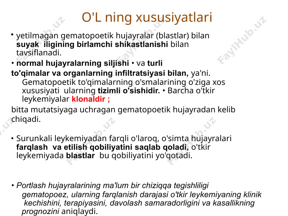 ning (limfoblastlar) nazoratsiz ko'payishi bilan tavsiflangan gematopoetik tizimning xavfli kasalligi . bolalik va o'smirlik davridagi eng keng tarqalgan malign kasallik. kasallik suyak iligi, limfa tugunlari, taloq, timus va boshqa organlarning shikastlanishi bilan yuzaga keladi. kimyoterapiyadan keyin relapslarda markaziy asab tizimining shikastlanishi tez-tez uchraydi . sil-tal1 sintezi 25% t-all suyak iligi etishmovchiligi sindromlari va belgilarining kombinatsiyasi bilan tavsiflanadi o'ziga xos lezyon (intoksikatsiya belgilari: vazn yo'qotish, isitma, holsizlik, terlash, ishtahani yo'qotish. tish go'shtining leykemiya hujayralari bilan infiltratsiyasi kuzatilishi mumkin, tish go'shti giperplastik, tishlarga osilgan, giperemik. proliferativ sindrom quyidagicha namoyon bo'lishi mumkin . limfa tugunlari hajmining oshishi (limfadenopatiya), taloq , jigar ba'zi hollarda terida leykemiya paydo bo'ladi - teri yuzasidan ko'tarilgan yumshoq yoki zich konsistensiyaning shakllanishi ularning rangi rangga mos kelishi mumkin. terining rangi yoki ochiq jigarrang, sariq, pushti bo'lishi.) markaziy nerv sistemasining shikastlanishi (neyroleykemiya) ayniqsa all da tez-tez uchraydi. o'l ning klinik ko'rinishlari bemorning ahvolining og'irligi og'ir intoksikatsiyaga bog'liq bo'lishi mumkin, gemorragik …