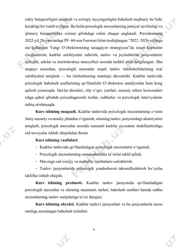 a va mas’uliyat darajasiga katta e’tibor qaratadi. psixologik mezonlar aynan shu ko‘rinmas jihatlarni aniqlash imkonini beradi. shuningdek, bu mezonlar orqali lavozimga mos bo‘lmagan shaxslarni saralash va tanlov samaradorligini oshirish mumkin bo‘ladi. psixologik mezonlar kadrlar tanlovining har bir bosqichida muhim rol o‘ynaydi. masalan, dastlabki suhbatda nomzodning o‘zini tutishi, savollarga munosabati, ijtimoiy vaziyatlarga bergan javoblari uning muomala qobiliyatini va ruhiy barqarorligini ko‘rsatadi. maxsus testlar yordamida esa uning intellektual darajasi, hissiy barqarorligi, motivatsiyasi va ishga bo‘lgan ichki rag‘bati aniqlanadi. zamonaviy psixologik mezonlar turlari orasida intellektual qobiliyatlar, hissiy intellekt, shaxsiy fe’l-atvor xususiyatlari, ijtimoiy ko‘nikmalar, axloqiy qadriyatlar, liderlik qobiliyati, stressga chidamlilik, muammoli vaziyatlarda harakat qilish qobiliyati va motivatsiya asosiy o‘rin tutadi. psixologik mezonlardan to‘g‘ri foydalanish korxonaga nafaqat yuqori malakali, balki sadoqatli, jamoaviy ishga layoqatli, ijtimoiy jihatdan barqaror va ruhan tayyor xodimni tanlash imkonini beradi. bu esa ish unumdorligini oshiradi, muhitda sog‘lom iqlimni ta’minlaydi va xodimlar o‘rtasida barqarorlikni mustahkamlaydi. shunday qilib, psixologik mezonlar — bu tanlov …
