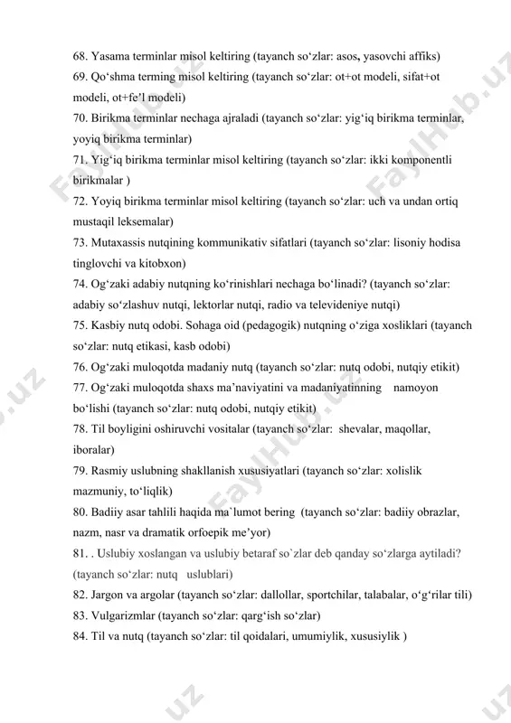 iy etikit) 77. og‘zaki muloqotda shaxs ma’naviyatini va madaniyatinning namoyon bo‘lishi (tayanch so‘zlar: nutq odobi, nutqiy etikit) 78. til boyligini oshiruvchi vositalar (tayanch so‘zlar: shevalar, maqollar, iboralar) 79. rasmiy uslubning shakllanish xususiyatlari (tayanch so‘zlar: xolislik mazmuniy, to‘liqlik) 80. badiiy asar tahlili haqida ma`lumot bering (tayanch so‘zlar: badiiy obrazlar, nazm, nasr va dramatik orfoepik mеʼyor) 81. . uslubiy xoslangan va uslubiy betaraf so`zlar deb qanday so‘zlarga aytiladi? (tayanch so‘zlar: nutq uslublari) 82. jargon va argolar (tayanch so‘zlar: dallollar, sportchilar, talabalar, oʻgʻrilar tili) 83. vulgarizmlar (tayanch so‘zlar: qarg‘ish so‘zlar) 84. til va nutq (tayanch so‘zlar: til qoidalari, umumiylik, xususiylik ) 85. rasmiy uslubga xos xususiyatlar (tayanch so‘zlar: sof qonunchilik uslubi, idoraviy divonxona uslubi) 86. dаlоlаtnоmа qanday hujjat (tayanch so‘zlar: xoʻjаlik buyumlаri, mоddiy bоyliklаr) 87. . sohada davlat tilida ish yuritish masalalari (tayanch so‘zlar: muassasa va korxonalarning huquqiy maqomi) 88. tashkiliy hujjatlar (tayanch so‘zlar: guvohnoma, yoʻriqnoma, nizom, qoida, ustav, shartnomalar) 89. guvohnomaning turlari …