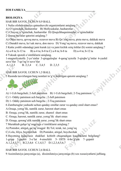 biologiya test savollari — DOCX