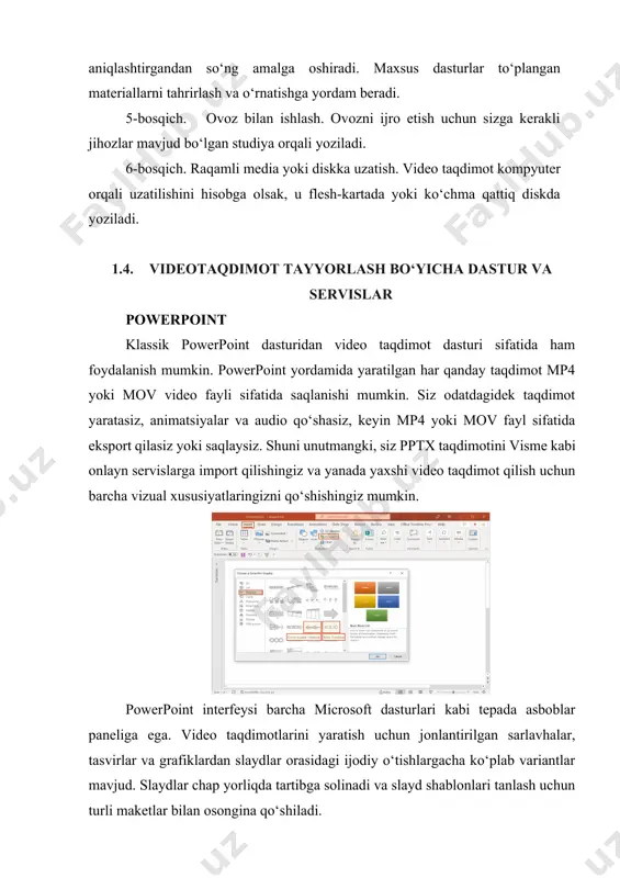 d shablonlari tanlash uchun turli maketlar bilan osongina qo‘shiladi. keynote keynote - bu powerpointning apple versiyasi. u barcha apple kompyuterlari bilan birga keladi va ulardan foydalanish nisbatan oson. asboblar powerpoint kabi xilma-xil emas, lekin u hali ham juda foydali. keynotening eng yuqori afzalligi shundaki, u barcha mac kompyuterlarida bepul. bundan tashqari, bu oddiy video taqdimot yaratuvchisi hisoblanadi. keynote interfeysi oddiy va hech qanday muammosiz foydalanish imkonini beradi. uskunalar paneli va muharrirda juda ko‘p joy egallamaydigan kichik yorliqlarda tashkil etilgan. slaydlar chap tomonda, uskunalar tepada va sozlamalar o‘ng tomonda joylashgan. bekor qilish va takrorlash opsiyalari ctrl+z va ctrl+y klaviatura yorliqlari bilan boshqariladi. visme visme - bulutga asoslangan, mutlaqo bepul video taqdimot dasturi va powerpoint uchun ajoyib alternativ. visme foydalanuvchilarga boshqa turdagi kontent kabi osonlik bilan video taqdimotlarni yaratish, yuklab olish va almashish imkonini beradi. siz o‘zingizning video va kliplaringizni yuklashingiz, shuningdek, bizning keng qamrovli video galereyamizdagi istalgan videokliplardan foydalanishingiz mumkin. hech …