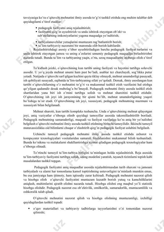 etish; e) o’z ustida ishlash va o’z-o’zini tarbiyalash. 2-yo’nalish. o’z kasbiy mahorat elementlarini hosil qilish: a) pedagogik faoliyatga oid, shaxsiy pedagogik mahoratni takomillashtiruvchi ko’nikma va malakalarni egallash; b) o’z mehnatini va qobiliyatini me’yorida to’g’ri ishlata olishi; v) mutaxassislikka oid ma’lumotlardan to’g’ri foydalana olishi uchun diqqatni jamlay bilish. 3-yo’nalish. o’quvchilar guruhi bilan ishlay olish: a) pedagogik faoliyatning shart-sharoitlari va guruh jamoasidagi ma’naviy holatni boshqara olish; b) guruh jamoasidagi psixologik muhitni doimiy nazorat qilish; v) ta’lim-tarbiyaviy jarayonlarga ijodiy yondashuv; g) pedagogik faoliyatga insonparvarlik va demokratik printsiplar asosida yondashish; d) o’quvchilar xulqi va bilimini o’z vaqtida rag’batlantirib borish; e) jamoada shaxsiy gigiena qoidalariga rioya qilishni to’g’ri tashkil etish; j) o’quvchilarning kundalik rejimga to’g’ri va doimiy rioya qilishini tashkil etish. pedagogik mehnatni ilmiy asosda to’g’ri tashkil etishda o’qituvchining kun tartibi muhim rol o’ynaydi. o’qituvchi o’zi uchun eng optimal bo’lgan va yuqori samara beradigan kun tartibini tanlay olishi lozim. o’qituvchi mehnatini ilmiy asosda tashkil etishda …