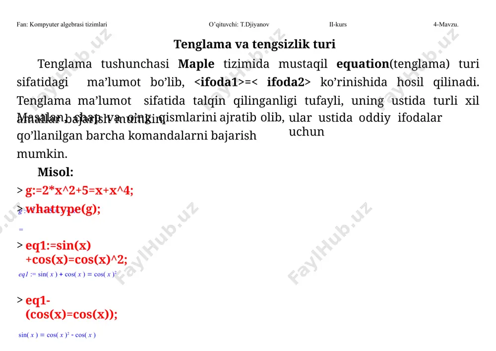 sh komandasining natijasi yechim yoki yechimlar ketma-ketligi bo’ladi. tenglamalar sistemasini yechadigan komandaning natijasi yechimlar to’plami ketma-ketligi bo’ladi. agarda komandada o’zgaruvchi(o’zgaruvchilar) ko’rsatilmasa, u holda komanda tenglamada qatnashgan barcha noma’lumlarga nisbatan yechimlarni beradi. agarda o’rniga berilsa, u holda =0 ko’rinishdagi tenglama deb qabul qilinadi. misol: eq:=x^2-2*x+y^2=0; eq := x2  2 x  y2  0 solve(eq,x); fan: kompyuter algebrasi tizimlari o’qituvchi: t.djiyanov ii-kurs 4-mavzu. tenglama(tenglamalar sistemasi)ning yechimini aniqlay olmasa, bo’sh yechim belgisi null ni beradi. umuman, to’rtinchi darajadan yuqori bo’lgan tenglamalarning analitik yechimini topish qiyin bo’lganligi tufayli, maple tizimi maxsus rootof() funksiyasi yordamida tenglamaning ixtiyoriy yechimini belgilaydi. misol: eq:=x^5+x^3+1=0; 1  1  y2 , 1  1  y2 solve({eq},{x}); { x  1  1  y2 }, { x  1  1  y2 } eq1:=x+y=0; eq1 := x  y  0 solve({eq,eq1},{x,y}); {y  0, x  0}, {x  1, y  -1} solve(eq); …