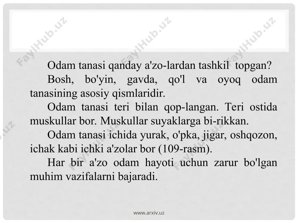 tgan qattiq moddalar mollyuskalar va baʼzi jonivorlarda skelet va ximoya elementi vazifasini bajaradi. epiteliy hujayralari sitoplazmasining qisman oʻzgarishi boʻgʻimoyoqlilar skeleti va parazit chuvalchanglar kutikulasini, yaʼni kimyoviy va mexanik himoya organini hosil qiladi. www.arxiv.uz www.arxiv.uz odam skeleti www.arxiv.uz www.arxiv.uz skelet (lot. skeletos — qurib qolgan) —odam va hayvonlar organizmida tayanch va himoya funksiyasini bajaradigan qattiq toʻqimalar majmui. bir qancha umurtqasiz hayvonlarda chigʻanoq yoki kutikuladan iborat tashki s. rivojlangan. tashqi kutikula s. chuvalchanglar va boʻgʻimoyoqlilar uchun xos. boʻgʻimoyoklilar kutikula siga ohak shimilgan. gidroid poliplar koloniyasi umumiy s. — perisark bilan qoplangan. tropik dengizlarda keng tarkalgan madrepor korallarning ohak si ham tashqi hisoblanadi. ichki s. gʻovaktanlilarda rivojlangan boʻlib, ohak yoki kremniy ninalardan iborat. www.arxiv.uz www.arxiv.uz www.arxiv.uz www.arxiv.uz ignaterililar si teri osti biriktiruvchi toʻqimasida joylashgan, ohak s. mezodermada hosil boʻladi. boshoyoqli mollyuskalaroa bosh miyani himoya qilib turadigan ichki togʻay s. mavjud. tuban xordalilar (bosh qutisizlar)ning ichki si xordadan tashkil topgan. umurtkalilarning ichki si juda …