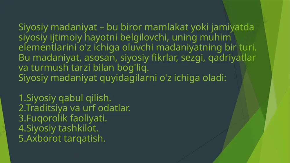 va maʼno beradigan, siyosiy tizimdagi xatti-harakatlarni boshqaradigan asosiy taxminlar va qoidalarni taʼminlaydigan munosabatlar, eʼtiqodlar va his-tuygʻular yigʻindisidir daniel j. elazar siyosiy madaniyatning uch turini aniqladi: 1.individualistik madaniyat — bunda siyosat oʻz manfaatlarini maksimal darajada oshirishga intilayotgan shaxslar oʻrtasidagi bozor boʻlib, jamiyatning minimal ishtiroki va hukumatga qarshilik, shuningdek, yuqori darajadagi homiylik. 2.axloqiy madaniyat — bu orqali hukumat muhim va xalqlar hayotini yaxshilash usuli sifatida koʻriladi. 3.anʼanaviy madaniyat — elita barcha kuchga ega boʻlgan va fuqarolarning ishtiroki kutilmaydigan status-kvoni saqlab qolishga intiladi. rossiya rossiya ishonchi past jamiyat boʻlib, hatto cherkov va armiyaning eng ishonchli institutlari ham fuqarolarga nisbatan ishonchsizroq va fuqarolik jamiyatida ishtirok etishi past.bu shuni anglatadiki, rossiyada fuqarolik siyosiy madaniyati zaif. bundan tashqari, rossiyaning avtoritar anʼanalari, norozilik va plyuralizm kabi demokratik meʼyorlar kam qoʻllab-quvvatlanayotganini anglatadi. rossiyada avtoritar hukmdorlar tarixi bor ivan iv grozniydan tortib iosif stalingacha boʻlgan, ular oprichninadan tortib buyuk tozalashgacha boʻlgan barcha potensial siyosiy raqobatchilarni ommaviy repressiya qilish bilan …