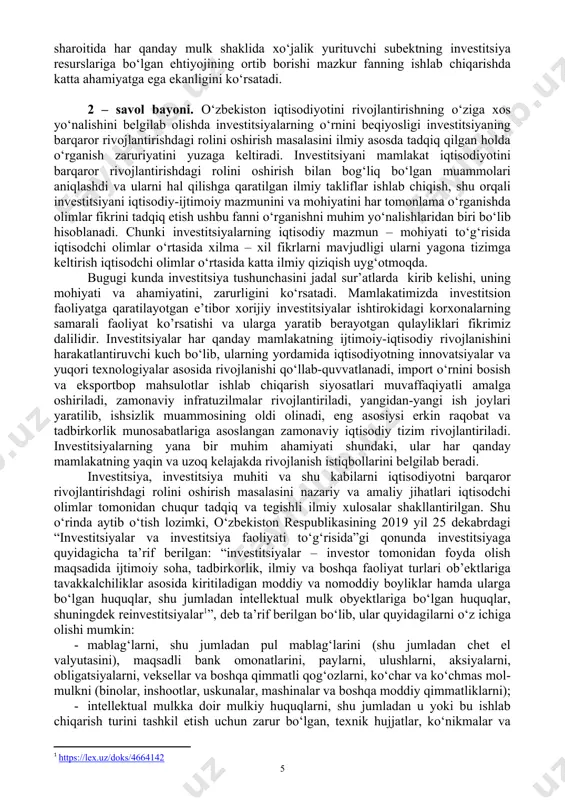 ton respublikasida investitsiya faoliyatini tashkil qilishning huquqiy va tashkiliy asoslari; · iqtisodiyotni rivojlantirishda xorijiy investitsiyalarni o‘rni; · iqtisodiyotning xalqaro integrasiyasida xorijiy investitsiyalarning o‘rni va ularning xalqaro harakatini tartibga solish; · iqtisodiyotga investitsiyalarni jalb etishda erkin iqtisodiy hududlarning o‘rni; · iqtisodiyot va uning real sektorini rivojlantirishda xususiy investitsiyalarning o‘rni va ahamiyati; · investitsiya muhiti va unga ta’sir etuvchi omillar; · davlat investitsiya dasturini shakllantirish tartibi; · kapital qurilishni amalga oshirish va moliyalashtirish tartibi; · investitsiya loyihalarining moliyaviy-iqtisodiy samaradorligini baholash; · investitsiya faoliyatida moliyaviy vositalar va investitsiya faoliyatini kreditlash; · investitsiyalarni moliyalashtirish uchun pul mablag‘larini to‘plash usullari va shakllari, investitsiya faoliyatida lizing va investitsiyalarni loyihaviy moliyalashtirish; · nomoddiy aktivlarga yo‘naltirilgan investitsiyalar; · innovatsiya faoliyatini moliyalashtirish va joylashtirish usullari; · innovatsiya strategiyasini mohiyati; · innovatsion loyihalarni venchurli moliyalashtirish; · mamlakat innovatsion faoliyatini baholashning xorij tajribasi; · venchurli moliyalashtirishda yuzaga keladigan innovatsion risklar; · investitsiya risklari va ularni pasaytirish yo‘llari bo‘yicha nazariy-amaliy bilimlarni uzviylik …