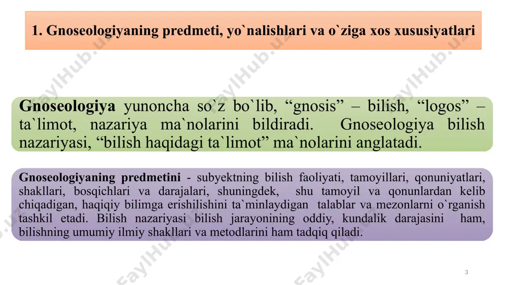 agan dunyoni idrok etishi orqali aks etadi. 8 skeptiklar bilimning haqiqiyligiga shubha qiladilar gnostiklar dunyoni bilish mumkinligini taʼkidlaydilar agnostiklar aksincha, buni to’liq yoki qisman rad etadilar dunyoni bilish mumkinmi? 9 bilishning chegaralari bormi? bu savolga javob berishga urinishda uch asosiy yo`nalishni optimizm, skeptitsizm va agnostitsizmni farqlash mumkin. optimistlar dunyoni bilish mumkinligini ta`kidlaydilar, agnostiklar, aksincha, buni rad etadilar. skeptiklar esa, dunyoni bilish mumkinligini inkor etmaydilar, biroq bilimning haqiqiyligiga shubha bildiradilar. odatda, skeptitsizm paradigmalar, qadriyatlar, ijtimoiy tizimlar va hokazolar o`zgarayotgan davrda, ilgari haqiqiy deb hisoblangan xulosalar fan va amaliyot olgan yangi ma`lumotlar nuqtai nazaridan soxta, asossiz bo`lib chiqqan holda ravnaq topadi. skeptitsizm psixologiyasiga xos xususiyat shundan iboratki, u darhol nafaqat eskirgan, balki yangi, shakllanayotgan fikrlar, g`oyalarni ham toptay boshlaydi. 2. bilish shakllari, predmeti va darajalari. bilish - insonning tabiat, jamiyat va o`zi to‘g`risida bilimlar hosil qilishga qaratilgan aqliy, ma`naviy faoliyat turidir. inson o`zini qurshab turgan atrof-muhit to`g`risida bilim va tasavvurga ega bo`lmay …