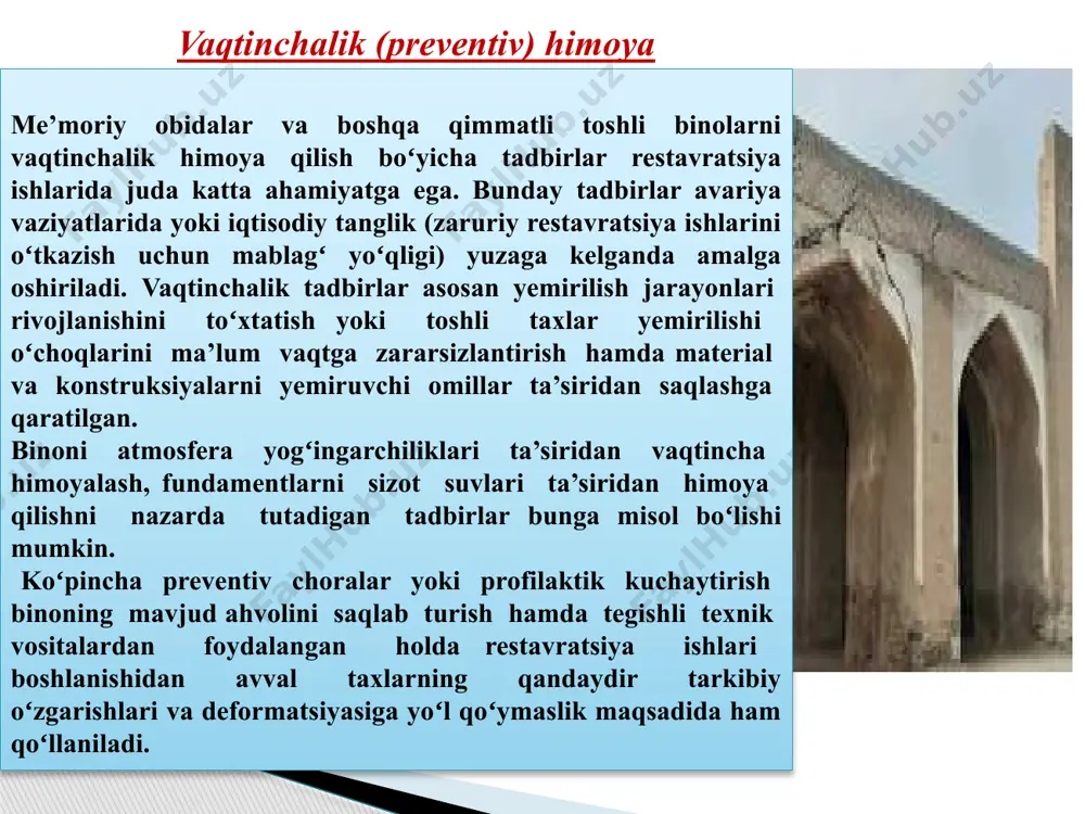 chiqish va kuchaytirish boʻyicha tegishli ishlarni bajarish uchun kerak boʻlgan ma’lum vaqt davomida ishlab turishi uchun yetarli boʻlgan mustahkamlik va turgʻunlikka ega boʻlishlari kerak. ushlab turuvchi konstruksiyalar turli-tuman boʻlishi mumkin; bundaylar qatoriga vertikal holatdan ogʻib ketgan yoki boʻrtib chiqqan devorlar, kontrforslar va shu kabilarni ushlab turish uchun kerak boʻlgan tirgaklar va chorpoyalar, devorlar orasidagi tirgaklar, arka va gumbazlar bosimi va yon tomondagi bosimni qabul qilish hamda devorlar burilib yoki siljib ketishining oldini olish uchun oddiy konstruksiyali zatyajka va ankerlar kiradi. ogʻib ketgan yoki boʻrtib chiqqan devorlar odatda deformatsiyaga qaramaqarshi tomondan tirab yoki mustahkamlanib qoʻyiladi. agar devorlar baland boʻlsa yoki ular oʻzgaruvchan gorizontal kuchlar (masalan, shamol bosimi) ta’siri sababli boʻrtib chiqishi yoki muvozanat yoʻqotish xavfiga duchor boʻlayotgan boʻlsa, bunday devorlarga ikki tomondan tirgak qoʻyishni nazarda tutish lozim. alohida turgan baland devorlar yoki ustunlarni maxsus koʻrib chiqish talab etiladi. agar toshli koʻtarib turuvchi elementlar deformatsiya va shikastlanishga egaboʻlsa, gumbaz va toʻsinlarda esa …