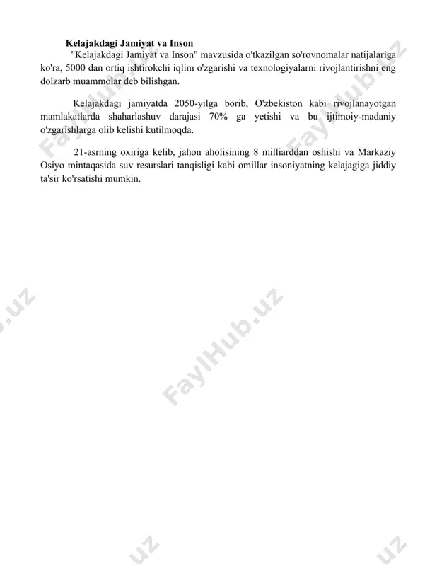 ntirishni eng dolzarb muammolar deb bilishgan. kelajakdagi jamiyatda 2050-yilga borib, o'zbekiston kabi rivojlanayotgan mamlakatlarda shaharlashuv darajasi 70% ga yetishi va bu ijtimoiy-madaniy o'zgarishlarga olib kelishi kutilmoqda. 21-asrning oxiriga kelib, jahon aholisining 8 milliarddan oshishi va markaziy osiyo mintaqasida suv resurslari tanqisligi kabi omillar insoniyatning kelajagiga jiddiy ta'sir ko'rsatishi mumkin. 📌xulosa инсон ва жамиятнинг маданий феномен сифатидаги ривожланиши ва борлиқ фалсафаси ўзаро боғлиқ бўлиб, уларни ўрганиш жамият ва инсон тараққиётини тушунишга ёрдам беради. 📚foydalanilgan adabiyotlar 1. маънавий меросимизнинг муҳим аспектлари: инсон ва жамият фалсафаси. (муаллиф ва йилни кўрсатиш керак) 2. жамият ва инсоннинг маданий феномени сифатидаги фалсафий тадқиқотлари. (муаллиф ва йилни кўрсатиш керак) 3. фалсафадаги онтология ва антропология муаммолари. (муаллиф ва йилни кўрсатиш керак) 4