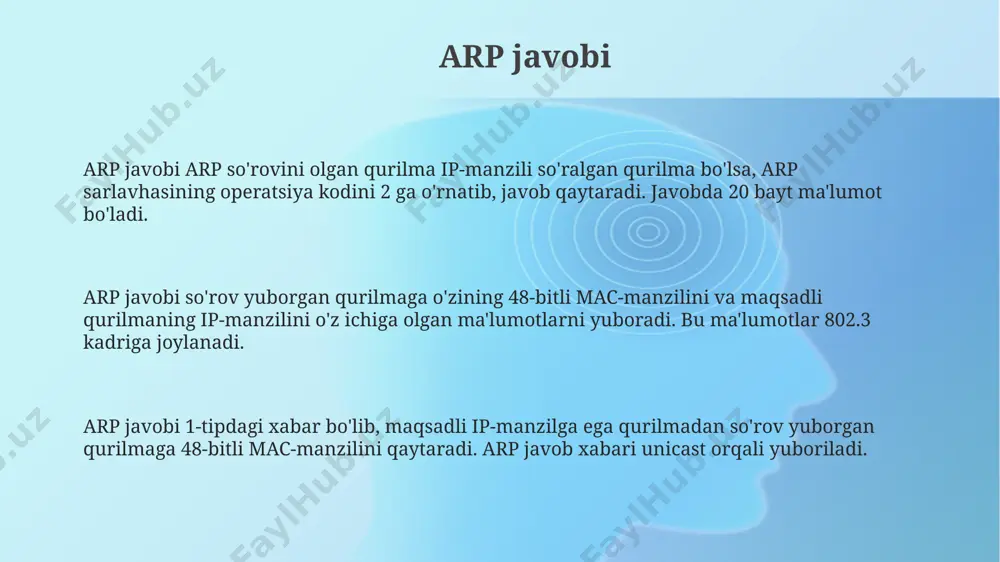 length (hlen) va protocol address length (plen) maydonlari mavjud. hlen apparat manzilining uzunligini (ethernet uchun 6), plen esa protokol manzilining uzunligini (ipv4 uchun 4) baytlarda belgilaydi. arp zaharlanishi (arp spoofing) arp zaharlanishi (arp spoofing) arp-zaharlanishi "man-in-the-middle" hujumining bir turidir, unda hujumchi 10.0.0.1 va 10.0.0.2 o'rtasidagi ma'lumotlarni o'qishi yoki o'zgartirishi mumkin. arp-zaharlanishi - bu hujum turi bo'lib, unda hujumchi landa 192.168.1.1 kabi ip-manzilni noto'g'ri mac-manzil bilan bog'laydi, trafikni o'ziga yo'naltiradi. arp jadvalini ko'rish arp jadvalini ko'rish uchun `arp -a` buyrug'idan foydalaniladi, bu buyruq mahalliy tarmoqda aniqlangan ip manzillar va ularga mos keluvchi 48 bitlik mac manzillarni ko'rsatadi. arp jadvali vaqti-vaqti bilan yangilanadi, odatda bir necha daqiqa ichida eskilar o'chiriladi. ushbu vaqtni sozlash imkoniyati mavjud emas, lekin os tomonidan avtomatik boshqariladi. arp jadvali odatda dinamik ravishda shakllanadi, lekin statik yozuvlar qo'shish imkoniyati ham mavjud. `arp -s ` buyrug'i orqali doimiy yozuv kiritiladi. arp kesh arp keshida "incomplete" holatidagi yozuvlar mavjud bo'lishi mumkin. …
