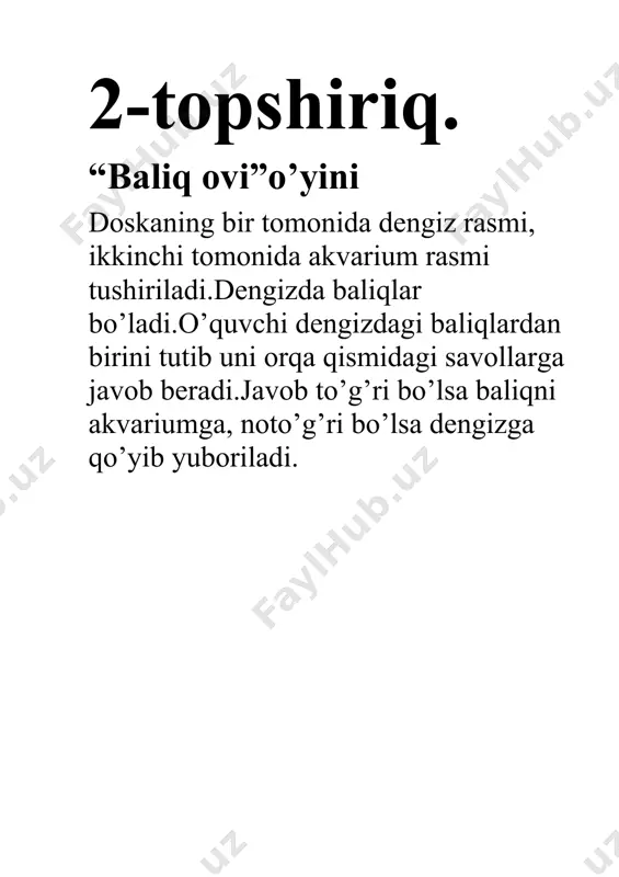 a y t a r i sh 18-topshiriq “baliq skeleti” bunda skelet bo’ylab biron reaksiya jarayonlari kiritiladi. ssss 19-topshiriq. “mini test” 1.vodorodni kim kashf qilgan? a.avogadro b.sheele c.kavendish 2.moddalar yo’qdan bor bo’lmaydi, bordan yo’q bo’lmaydi, faqat bir turdan ikkinchisiga o’zgaradi.? a.avogadro qonuni b.massaning saqlanish qonuni c.karrali nisbatlar qonuni 20-topshiriq “formula tuzish” kartochkalarda elementlar chalkashtirib beriladi, o’quvchilar ularni taxlab formula tuzishlari kerak bo’ladi. · masalan: cl n o h j br na s 11-topshiriq “kim bilimli”o’yini. o’yin barcha sinfga ta’lluqli,u o’tilgan bobni takrorlash maqsadida qo’llaniladi.o’yinni tartibi:o’quvchilar doira hosil qilib turadilar.o’quvchi o’zining o’ng tomonidagi sinfdoshuga bir moddaning nomini aytadi,sinfdoshi esa tezlik bilan shu moddaning xosalari va ishlatilishini qisqa qilib so’zlaydi va u ham o’z navbatida o’ng tomonidagi sinfdoshiga bir moddaning nomini aytadi.o’yin shuntarzda davom etadi.o’yin safga bir kishi qolguncha davom etadi. 12-topshiriq. “baliq ovi”o’yini doskaning bir tomonida dengiz rasmi, ikkinchi tomonida akvarium rasmi tushiriladi.dengizda baliqlar bo’ladi.o’quvchi dengizdagi baliqlardan birini tutib uni orqa …