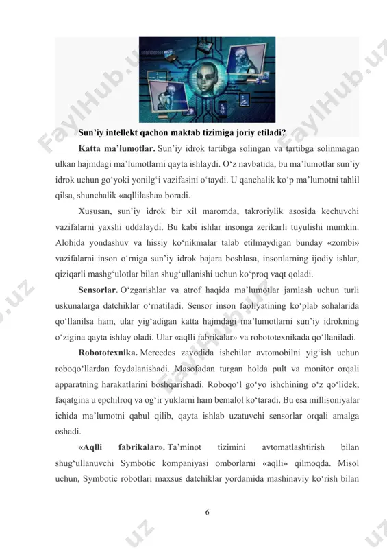 bajara boradi. tabiiy savol tug‘iladi: aqlli mashinalar davrida insonlar nima bilan shug‘ullanadi? rezyumeda yangi qism robodunyoda yangidan yangi kasblar paydo bo‘la boshlaydi. xususan, mashina bilan o‘zaro aloqaga kirishgan holda bir jamoada ishlay olish muhim ko‘nikmaga aylanadi. hozir ham rezyumening shaxsiy ko‘nikmalar degan qismida kompyuter dasturlari, ijtimoiy tarmoqlar bilan ishlash deb yozish sezilarli ustunlik bera boshlagan. inson sun’iy idrok uchun murabbiy, sharhlovchi va chidamlilik bo‘yicha ekspert vazifasini o‘tay boshlaydi. murabbiylar konveyerlar va elektron hisoblash mashinalari paydo bo‘lgach, odamlar ularni takomillashtirish ustida ishlashgan – qo‘shimcha funksiyalar qo‘shilgan, chidamliligi oshirilgan. biroq sun’iy idrokning o‘zi insonga moslashadi – u insonlar haqidagi ma’lumotlarni to‘playdi, uning nutqiga, atvoriga taqlid qiladi. u talabga yaxshiroq javob berishi uchun esa inson unga murabbiy bo‘lishi kerak bo‘ladi. shaffoflik bo‘yicha mutaxassis. ayrim mashina va algoritmlarning ishlash tamoyili sir tutiladi. ular foydalanuvchilarning shaxsiy ma’lumotlarini, davlat ahamiyatidagi sirlarni saqlashi mumkin. mutaxassis shu ma’lumotlarni idrok noto‘g‘ri interpretatsiya qilishiga yo‘l qo‘ymaydi. tushunarlilik bo‘yicha strateg. sun’iy …