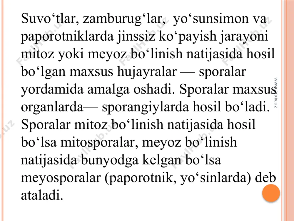 uqa solingan probirkada o‘stiriladi. bunda bir dona o‘simlik bo‘laklaridan 1-2 million individni o‘stirish mumkin. bu yo‘l bilan urug‘ berishi qiyin bo‘lgan yangi duragaylarningn yaxshi navlari ko‘paytiriladi. masalan hozirgi kunda karam, makkajo‘xori, chinnigul, arpalarning navlarini seleksiya maqsadida ko‘paytirish shu yo‘l bilan amalga oshirilmoqda). www.arxiv.uz o‘simliklar vegetativ ko‘payganda bir ona organizmdan bir qancha individlar hosil bo‘ladi. bu individlar to‘plamiga klon deyiladi. klonni tashkil qiluvchi individlar ona organizmga xos bo’lgan hamma xususiyat va belgilarni o‘zida saqlaydi. www.arxiv.uz image2.png image3.png