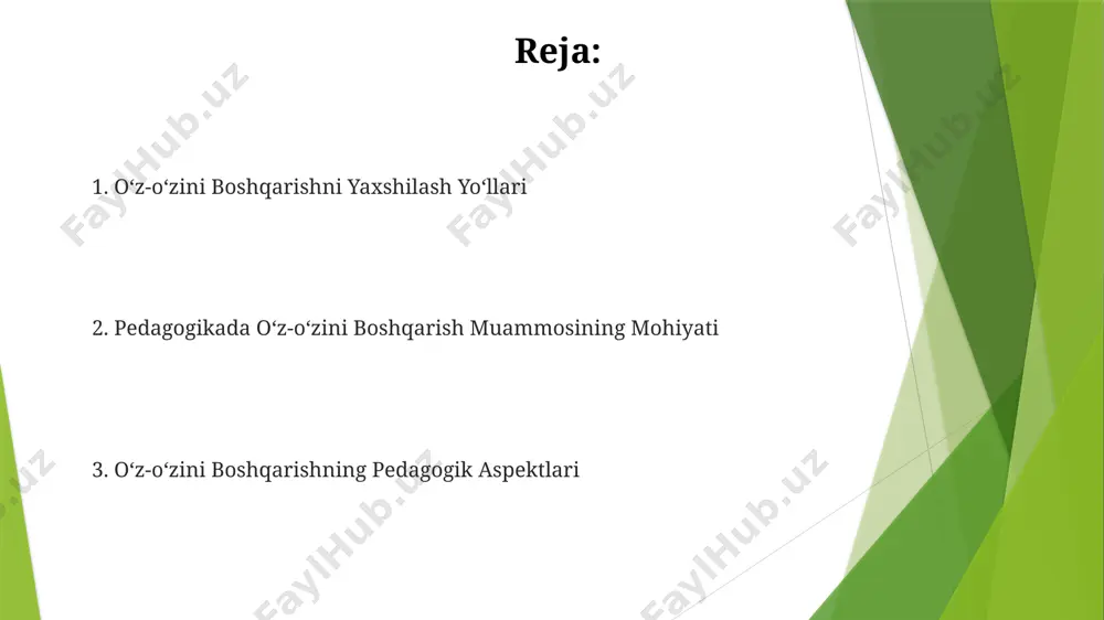 i, ammo uning 1-bosqichi 2023-yilda faqat toshkent shahri maktablarida sinovdan o'tkazildi. samarqanddagi 5 ta maktabda o'tkazilgan tadqiqotlar shuni ko'rsatdiki, o'quvchilarning 70% o'z-o'zini boshqarish qobiliyatlarini zaif deb baholangan va mustaqil loyihalarni bajarishda qiyinchiliklarga duch kelishgan. pedagogikada o'z-o'zini boshqarishning ahamiyati 2022 yilda samarqanddagi eksperimental maktabda o'tkazilgan loyiha o'z-o'zini boshqarishning ijtimoiy-emotsional rivojlanish ko'rsatkichlariga ijobiy ta'sirini, ayniqsa 10-12 yoshli bolalar orasida, aniqladi. o'zbekistonning 5 ta viloyatida o'tkazilgan tadqiqotlar shuni ko'rsatdiki, o'z-o'zini boshqarishga asoslangan ta'lim usullari talabalarning mustaqil fikrlash qobiliyatini 15% ga oshiradi. o'z-o'zini boshqarishning rivojlanish bosqichlari 10-12 yosh oralig‘ida, o‘z-o‘zini boshqarishning ong darajasi yuksaladi, mas’uliyat hissi kuchayib, jamoaviy loyihalarda, toshkentdagi maktablarda namoyon bo‘ladigan mustaqil qaror qabul qilish ko‘nikmalari rivojlanadi. o‘rta maktab yillarida (14-16 yosh), o‘z-o‘zini boshqarishning 3-bosqichi boshlanadi, shaxsiy va ijtimoiy javobgarlik tuyg‘usi, namanganda o‘tkazilgan tadqiqotlarga ko‘ra, mustaqil hayotga tayyorgarlik bilan bog‘liq bo‘ladi. o'quvchilarning o'z-o'zini boshqarish qobiliyatlarini baholash o'quvchilarning o'z-o'zini boshqarish qobiliyatlarini baholashda 5 balldan iborat shkala va 3 ta asosiy ko'rsatkich (masalan, rejalashtirish, …