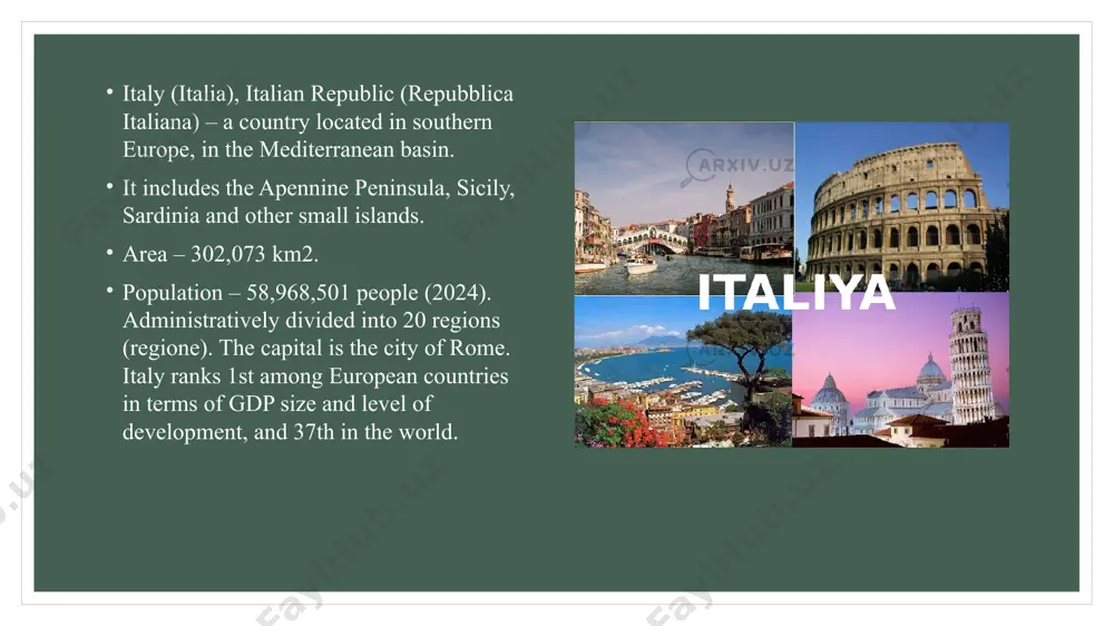 y of cultural heritage and cultural activities, ministry of the environment and land and sea protection, ministry of health. the legislative branch is the bicameral parliament of italy, elected for a term of 5 years. the chamber of deputies of italy consists of 400 members. the senate of italy consists of 200 members. italy is a highly developed industrial-agrarian country. one of the 10 most developed countries in the world. the share of industry in gdp is 31.6%, agriculture is 2.9%, and the service sector is 65.5% (1997). in italy, more than 12 million people work in the service sector, 6.5 million people in industry, and 1.5 million people in agriculture. industry heavy industry dominates the industry. in particular, mechanical engineering, metallurgy, automotive, textiles, electric power, oil refining, and petrochemicals are developed. a significant part of industrial products is exported. italy has few raw material and energy reserves, and they …
