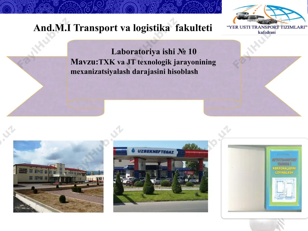 xajmiga nisbati orqali aniqlanadi. u= (tm /tu)*100 % bu yerda : tm — texnologik xujjatlarda keltirilgan jarayonlardagi operatsiyalarning mexanizatsiyalashgan mehnat xajmi, odam*min; tu —barcha operatsiyalardagi mehnat xajmi, odam*min; mexanizatsiya darajasi ishchi funktsiyalarning odam bilan qo`llanilishi va bu jarayonlarning avtomatlashtirilgan texnologik jarayon bilan farqini foizdagi taqqoslash bilan aniqlanadi. s= (m / (4n) )*100%; m=z1m1+ z2m2+ z3 m3+ z3,.5 m3,5+ z4m4 bu yerda: 4— atk uchun maksimal bo`g`in; n ——operatsiyalarning umumiy soni; z1... z4 — jihozning bo`g`ini, tegishlicha 1...4 ga teng ; m1 . . . m4 — z1... z4 bo`g`inlarda qo`llanilayotgan jihozning mexanizatsiyalashgan operatsiyalar soni qo`llanmaga ko`ra mexanizatsiya vositalari o`ziga yuklatilgan vazifaga qarab quyidagilarga bo`linadi: qo`l mehnati qurollariga( gaykali kalitlar ,otvyorkalar va boshqalar) z=0; qo`lda ishlaydigan mashinalarga (press, parma,mustaqil energiya manbaiga ega bo`lmagan tashxislash qurilmalari) z=1; mexanizatsiyalashgan qo`l mashinalariga(elektroteshish dastgohlari, elektroparma, pnyovmogaykaburagich va boshqa tashqi energiya manbaiga ega bo`lgan mashinalar) z=2; mexanizatsiyalashgan mashinalarga (universal dastgohlar, presslar,kran balkalar,tashxislash stendlari va avtomatik boshqaruv …