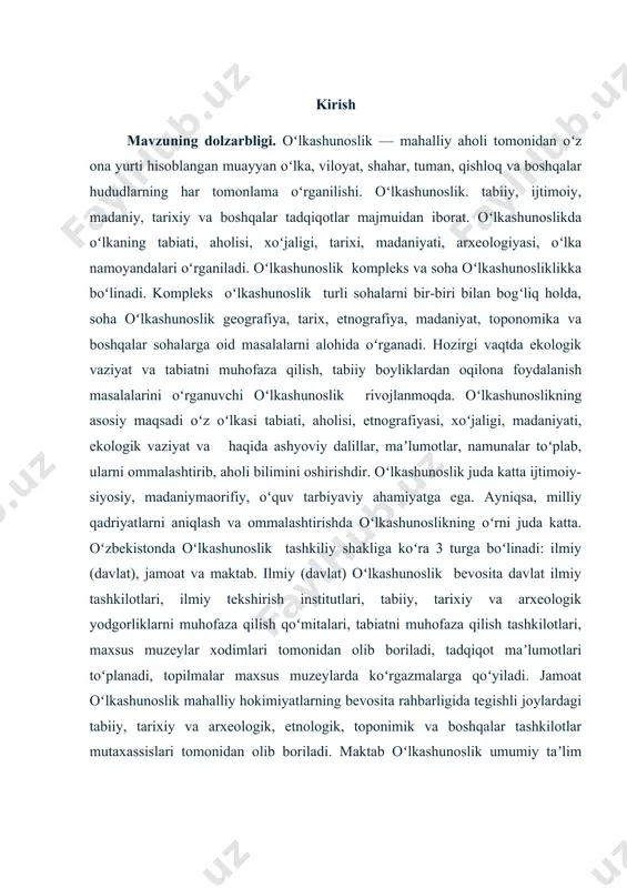 alqimizning boy tarixini, mustaqilligimiz odimlarini aks ettiruvchi noyob, nodir eksponatlami avavlab-asrash lozimligi ta'kidlandi. ularni o‘rganish, boyitib borish, dunyoga olib chiqish va taig‘ib etish, xalqimiz ongida milliy g‘urur va iftixor, istiqlol va vatanga sadoqat tuyg‘ulanni kuchaytirish yoiida keng foydalanish lozimligi ko‘rsatildi. muzeylami zamon talablariga mos yuqori malakali mutaxassislar bilan ta’minlash, moddiy-texnika bazasini mustahkamlab, jahon muzeyshunosligining eng ilg‘or tajribalarini qoilash uchun zarur shart-sharoitlar yaratish lozimligi ta’kidlandi. mustaqillikka erishganimizdan so‘ng oikamizda barcha sohalarda o‘zgarishlar ro‘y berdi. jumladan. o‘lkamizning o‘tmishi, madaniyati, ijtimoiy-iqtisodiy havoti, etnik tarixi, moddiy madaniyat yodgorliklarini ilmiy va amaliy jihatdan xolisona o‘rganishga imkon yaratildi. kurs ishining maqsadi: mustaqillik yillarida oʻlkashunoslik fanida o‘rganilgan o‘kamizdaki me’moriy obidalar tarixiy shaxslar haqida batafsil yoritish. kurs ishining vazifasi: oʻzbekiston respublikasi prezidentining 1998-yil 12-yanvarda qabul qilingan «muzeylar faoliyatini tubdan yaxshilash va takomillashtmsh to‘g‘risida»gi farmoni muzeylar maqomini yuksaltirishga qaratilgani bilan qimmatlidir. ushbu farmonda oʻzbekiston hududida qadimdan shakllangan muzeylar tizimini yanada takomillashtirish, ularni xalqning ma’naviyaxloqiy kamolotida tutgan o‘mini vuksaltirish, muzey …