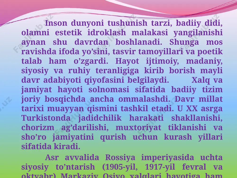 inlikdan ayrilgandi. shunga qaramasdan, “sarob“, “shum bola“, “navoiy“ kabi nodir durdonalar dunyoga keladi. munosib voris sifatida bu avlod salmoqli badiiy meros qoldirdi. oybekning 30-yillarda yaratgan “sof lirikasi“, g’afur g’ulomning 40-yillarda yozgan falsafiy-ma’rifiy talqini hanuz o’z qadrini yo’qotmaydi. mirtemir milliy ruhiyat go’zal qiyofasini chizdi. abdulla qahhor o’zbek hikoyanavislik maktabiga asos soldi, jiddiy bahs-munozaralarga uchragan “sarob“ romanini o’zbek kitobxoniga taqdim etdi. eng muhimi, badiiy ijod malakasi aynan shu davrda shakllandi va bosqichma-bosqich takomillashdi. 20-50-yillar o’zbek adabiyotida quyidagi salbiy asoratlar kuzatildi: 1. mafkura va g’oyaviylik ijod tamoyillarini belgilab beradigan asosiy mezon darajasiga ko’tarildi. 2. konfliktsizlik nazariyasi badiiy mushohada malakasi sayozlashuvi, jo’nlashuviga xizmat qildi. 3. adabiy talqinda madhiyabozlik, shaxsga sig’inish illatlari avj olishiga yo’l ochdi. xulosa 20-50-yillar o’zbek adabiyoti xx asr bbadiiy tizimida o’ziga xos o’rin tutadi. u yanglishuv va ziddiyat, yo’qotish va zafarlar omuxtalashgan bosqich sifatida adabiy rivojlanish qonuniyatlarini munosib davom ettirdi. uch avlod adabiy rishtalarini bog’laydigan bosqichda badiiy adabiyotning asta-sekinlik bilan ijtimoiylashuv …