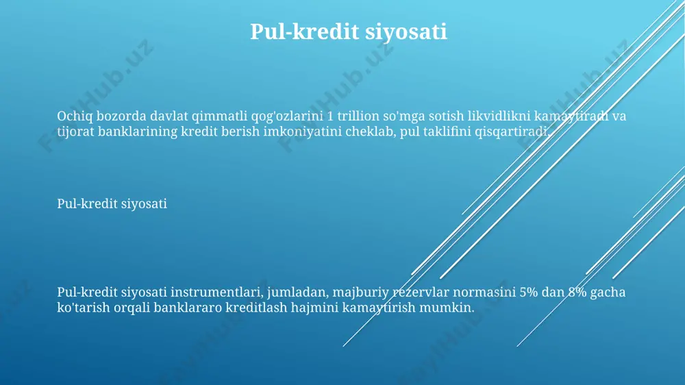 ni yaimning 50% dan oshirmaslik orqali amalga oshiriladi. iqtisodiy o’sishni rag’batlantirish uchun soliq siyosatini takomillashtirish. kichik biznes uchun soliq yukini 10% ga kamaytirish va investitsiya kreditlarini 20% gacha oshirish orqali xususiy sektorni qo’llab-quvvatlash. aholining ijtimoiy himoyasini kuchaytirish, shu jumladan kam ta’minlangan oilalarga 15% gacha subsidiya ajratish va pensiya miqdorini o’rtacha ish haqining 40% iga yetkazish orqali ijtimoiy adolatni ta’minlash. moliya barqarorligi moliya barqarorligi, bank tizimining 12% kapital yetarlilik koeffitsientini saqlab turish, kredit portfelining sifatini nazorat qilish va 5% dan past noaniq kreditlar ulushiga erishish orqali makroiqtisodiy risklarga bardosh berish qobiliyatini o'z ichiga oladi. moliya barqarorligi milliy to'lov tizimining samarali faoliyat ko'rsatishini, aktivlar qiymatining keskin tebranishlarisiz bozor likvidliligini ta'minlaydi, bu 2008-yildagi moliyaviy inqirozda ko'rsatilgan zaif tomonlarni bartaraf etishga qaratilgan. moliyaviy barqarorlik global moliya tizimi va siyosati global obligatsiyalar bozori 100 trillion dollardan oshadi, suveren qarzlar bu bozorda muhim rol o'ynaydi va rivojlanayotgan mamlakatlar uchun 20 foiz ulushga ega. global moliya tizimi …