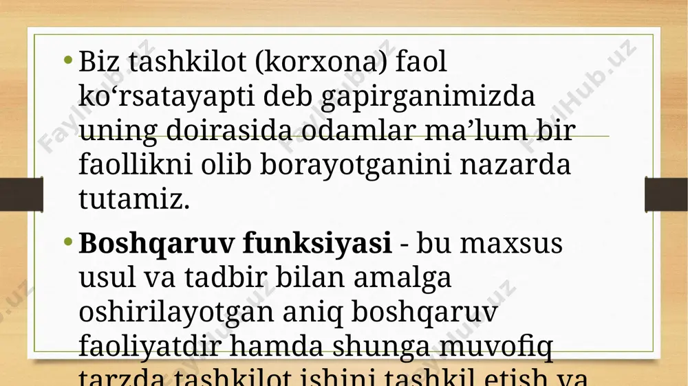 ngdir va shuning uchun u usullar va uslublar bo'yicha seminarlarni, yangi qoidalar haqida ma'lumotni yoki oddiygina bir qator turli tashkilotlardan odamlar o'rtasida tajriba va usullarni almashishni o'z ichiga olishi mumkin. kombinatsiyalangan marshrut turizm marshrutining keyingi turi bo‘lib, u yoki bu kombinatsiyada chiziqli, aylana va radial marshrutning barcha yo‘nalishlarini o‘z ichiga olgan marshrut hisoblanadi. masalan, turist bir nechta transport turlaridan foydalanib, ya’ni toshkentdan avval poyezd orqali farg‘ona vohasiga, so‘ng havo yo‘llari orqali xorazmga va u yerdan qoraqalpog‘istonga avtobus orqali buxoroga, buxorodan tezyurar poyezdi orqali navoiy va samarqandga yetib kelib, havo yo‘llari orqali samarqanddan o‘z vataniga qaytib ketadi. rejalashtirish jarayoni bir necha bosqichdan iborat: 1. tashkilot maqsadini aniqlash. 2. vazifalarni aniqlash. 3. qo‘yilgan vazifalar bo‘yicha belgilangan ishlarni bararish uchun rejalar tuzish. 4. har bir boshqaruv pog‘onasida rejalarni bajarish ucnun umumiy yo‘llanmani ishlab chiqish. 5. rejalarni bajarish uchun aniq tartib va qoidalarni ishlab chiqish. tashkilotni rejalashtirish ikki ko‘rinishga ega: 1. istiqbolli (strategik) rejalashtirish. …