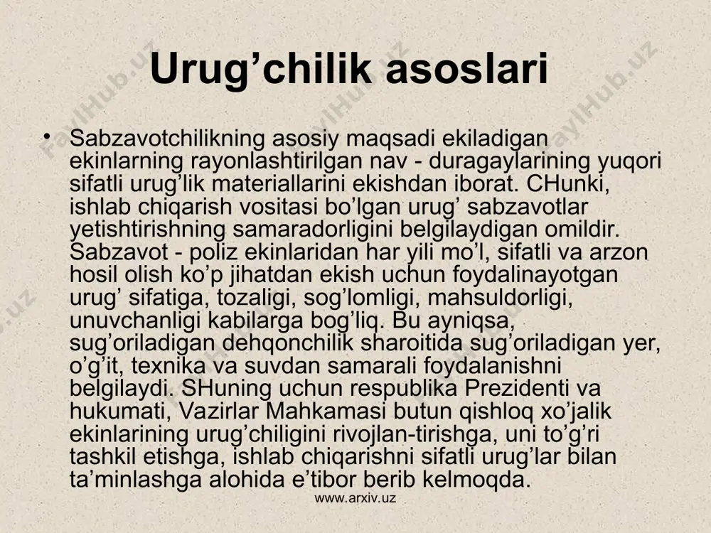 ’stirish texnologiyasi (agrotexnika) qo’llashni talab etadi. www.arxiv.uz www.arxiv.uz bu nazoratlar urug’ yetishtirish, tayyorlash, saqlash, sotish va ulardan foydalanish jarayonlarini o’z ichiga olgan muayyan choralar tadbirlar yig’indisidan iborat. www.arxiv.uz urug’chilikda nazorat urug’ nazorati nav nazorati www.arxiv.uz www.arxiv.uz ekin turi kategoriyalar bo’yicha nav tozaligi, % dan kam emas umumiy ifloslanishdagi boshqa nav va duragaylar % dan ko’p emas i ii iii ii kategoriya iii kategoriya xo’raki tarvuz 99 98 90 - 1 boyimjon 98 97 92 - 1 gorox 99 98 97.0 1 3 qovun 99 97 92 - 3 oqbosh karam 98 97 85 - 3 gul karam 98 95 85 - 3 bosh piyoz 98 95 85 - 2 sabzi 98 96 85 - 2 bodring 98 96 90 - 2 qalampir 99 97 96 - 1 pomidor 99 98 97 - 1 redis 98 95 85 - 2 turp 97 95 90 - 2 sholg’om 98 95 90 - …