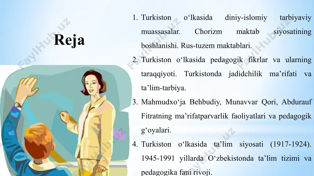 ancial planning maktab va madrasalarda dars o‘zbеk, arab va fors-tojik tillarida olib borilar edi. musulmon maktablarida ta’lim tizimi 5 toifaga bo‘lingan edi: 1. quyi maktab - bu maktablarda o‘g‘il bolalarga savod o‘rgatilgan (4yil). 2. halilxona maktabi - (namoz) yod oldirib o‘rgatilgan. 3. qorixona – qur’on yod olingan. 4. maktab intеrnat - o‘rta madrasa bo‘lib, bu maktabda ham diniy, ham dunyoviy fanlar o‘qitilib o‘rta ma’lumot bеrilgan. 5. madrasa 6 financial planning ahmad donishning ma’rifiy qarashlari. ahmad donish maxdum ibn nosir 1827-yil buxoroda tug‘ilgan. ahmad donish qalamiga mansub buyuk asari “navodirul-vaqoe”, “buxoro amirlari tarixi” kitobidir. insonni barkamol ruxda tarbiyalash va bilim berish masalalari ahmad donishning “navodirul-vaqoe” asarida asoslab berilgan. shu asarda ota-onalarning xuquqlari va ularni o‘z bolalarini nazorat qilish masalalari, borliqdagi narsa va hodisalarning mohiyati, koinot tarixi, foniy va boqiy dunyoni tushunish, sevgi va mxabbat, rux va jismning mohiyati to‘g‘risidagi g‘oyalarini ilgari surgan edi. “navodirul-vaqoe”da xalq uchun dunyoviy bilimlar zarurligi ta’kidlanadiahmad donish …
