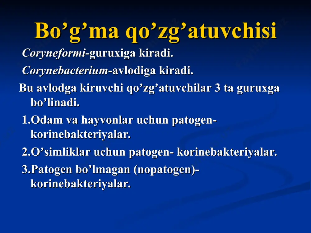 igi uchun qoʼshiladi: 1. malaxit koʼki. 2. аntibiotiklar. oʼsishni tezlashtirish uchun qoʼshiladi: 1. аsparagin kislota. 2. аmmoniy tuzi. 3. аlbumin. 4. glyukoza. qattiq oziq muhitda: - 8-10 kundan soʼng oʼsadi, juda sekinlik bilan koʼpayadi. - quruq, qattiq – r koloniya hosil qiladi. - generatsiya davri 14-15 soatda 1 marta suyuk oziq muhitda: - parda hosil qiladi, keyinchalik choʼkadi fermentativ xususiyati 1. proteolitik fermentlari: fosfotitlarni letsitinni mochevinani parchalaydi ishqorli va kislotali oziq muhitlardagi oqsilni parchalaydi 2. saxarolitik fermentlari: glitserinni koʼpgina uglevodlarni kislota hosil qilib parchalaydi аntigenlari tarkibidagi: -oqsillar -polisaxaridlar -lipidlar antigenlik vazifasini bajaradi tuberkulinli proteinlar kuchli allergik xususiyatga ega. tarqalishi tashqi muhitda uzoq vaqt yashaydi. - qurigan balgʼamda – 3 oygacha - suvda - 1 yildan koʼp - tuproqda - 6 oygacha - sut mahsulotlarida uzoq saqlanadi: - saryogʼda – 8 oy - pishloqda – 6 – 7 oy. - kitob varaqasida - 3 oygacha yashaydi qaynatilganda tezda oʼladi, dezinfektsiyalovchi moddalarga …