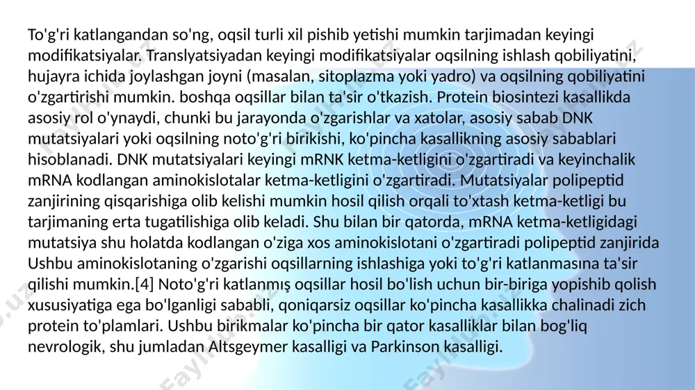 ng ikkita zanjiri qayta qo'shiladi, shuning uchun bir vaqtning o'zida faqat 12 bazaviy juft dnk ta'sir qiladi.[6] rnk polimeraza mrnkgacha molekulasini soniyada 20 nukleotid tezligida hosil qiladi, shu bilan bir soat ichida bir xil gendan minglab mrnkgacha molekulalarni ishlab chiqarish imkoniyatini beradi. sintezning tez sur'atlariga qaramay, rnk polimeraza fermenti o'zining tuzatish mexanizmini o'z ichiga oladi. korrektor mexanizmlari rnk-polimeraza eksizion reaktsiyasi orqali o'sib boruvchi mrnk molekulasidan noto'g'ri nukleotidlarni (dnkning shablon zanjiriga qo'shimcha bo'lmagan) olib tashlashga imkon beradi.[1] rnk polimerazalar ma'lum bir dnk ketma-ketligiga yetganda tugaydi transkripsiya, rnk polimeraza ajralib chiqadi va mrnkgacha sintez tugaydi.[6] sintez qilingan mrnkgacha molekulasi shablon dnk zanjiri bilan to'ldiruvchidir va kodlash dnk zanjiri bilan bir xil nukleotidlar qatoriga ega. ammo dnk va mrnk molekulalarining nukleotid tarkibida bitta muhim farq mavjud. dnk asoslardan tashkil topgan - guanin, sitozin, adenin va timin (g, c, a va t) - rnk shuningdek to'rt asosdan iborat - guanin, sitozin, adenin va urasil. …
