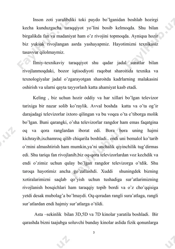 han bo’lavermaydi. fotoapparat biror tekislikka ravshan qilib moslangan bo’lsa, buyumning shu tekislikda yotuvchi nuqtalarining tasvirlari ravshan bo’lib chiqadi. buyumning bu tekislikdan beriroqdagi yoki nariroqdagi qismlarining tasvirlari esa unchalik aniq bo’lmaydi. masalan, bino oldida turgan odamning fotografik tasvirida odam gavdasi berkitib turgan bino qismini fotografiyaga turlicha vaziyatlardan qaragan bilan bari bir ko’rib bo’lmaydi. bundan tashqari binoni odamdan qanchalik uzoqda joylashganligini ham aniqlab bo’lmaydi. bino va odamning tasvirlari bir tekislikda ko’rinadi. lekin fotografiyaga qarab biz jismlarning fazodagi joylashuvi to’g’risida tasoavvur hosil qilamiz. buning sababi - inson miyasi hajmiy buyumlarni ularning yassi tasvirlariga qarab bilib olishga o’rganib qolganligidir. fotoplastinkada buyumning ayrim nuqtalaridan qaytgan nurlarning nisbiy intensivliklari qayd qilinadi. bu nurlar fazalari orasida munosabatni fotoplastinkaning qorayishiga hech tasiri yuq. vaholanki, fazalar orasidagi munosabat buyumning ayrim nuqtalarini fotoplastinkadan uzoqliklariga bog’liq. buyumdan qaytgan nurlarning faqat amplitudalarinigina emas, balki fazalarini ham fotoplastinkada qayd qilish usulini topish lozim. bu usul golografiyadir. golografiya to’lqin optikasining asosiy qonunlari interferensiya va …