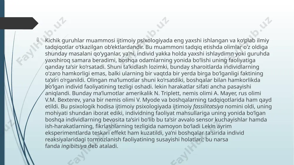 i ham bor. bu tushuncha fanga birinchi marta amerikalik tadqiqotchi g. xaymen tomonidan 1942 yilda kiritilgan edi. u o‘z tadqiqotlarida shuni isbot qildiki, ma’lum bo‘lishicha, guruh a’zolari uchun shu guruh ichida yoki boshqa doiralarda shunday shaxslar guruhi mavjud bo‘lar ekanki, u o‘z hatti-harakatlari, fikrlari va yo‘nalishlarida o‘sha guruh a’zolariga ergashish, ularning fikrlarini tanqidsiz qabul qilishga moyil hamda tayyor bo‘lar ekan. shunday shaxslar guruhi referent guruh nomini oldi. o‘quvchi uchun bunday guruh rolini maktabdagi bir necha o‘qituvchilar, otasi yoki onasi, yaqin do‘sti yoki qarindoshlaridan kimdir o‘ynashi mumkin. shunisi harakterliki, shaxs doimo shu guruhga ergashadi, uni qadrlaydi, u bilan muloqotda bo‘lishga intiladi. rus psixologlari bu guruhni odatda shaxs uchun mavjud haqiqiy guruh (a’zolik guruhi) tarkibida yoki unga qarshi bo‘lgan guruh sifatida qaraydilar. nima bo‘lganda ham ana shunday guruhning mavjudligi shaxs uchun ahamiyatli bo‘lib, uning xulq-atvor uchun etalon hisoblanadi. tadqiqotchi yoki tarbiyachining vazifasi, ana shu guruhni aniqlay olish va aniqlagandan so‘ng nima uchun …