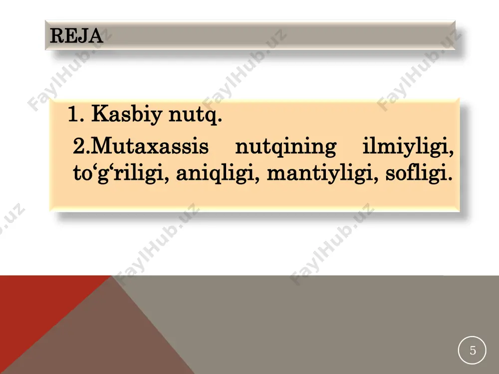 il uslublariga xos xususiyatlarni, xossalarni bilishi. • nutqiy malaka ustida muntazam va ongli mashq qilishi. • so‗zlovchining ifodali so‗zlashga bo‗lgan ongli ishonchi, ruhan tayyorgarligi. • tilda nutqning ifodaliligini ta‘minlovchi vositalarning bo‗lishi. 6.nutqning jo‗yaliligi. 20 • agar nutq o‗zida barcha kommunikativ sifatlarni mujassam etsayu har jihatdan jo‗yali, ya‘ni o‗z o‗rnida bo‗lmasa, u maqsad nishoniga borib etmaydi. jo‗yalilik yo‗q joyda nutqning boylik, aniqlik, ifodalilik kabi muhim sifatlarining mohiyati yo‗qoladi. • sharqning buyuk pandnomachisi kaykovusning shunday o‗giti bor: "...tilingni yaxshi hunar bila o‗rgatgil va muloyim so‗zdin boshqa narsani odat qilmagal. nedinkim, tilga har nechuk so‗zni o‗rgatsang, shuni aytur, so‗zni o‗z joyida ishlatgil. so‗z agar yaxshi bo‗lsa, ammo noo‗rin ishlatilsa, garchand har nechuk yaxshi so‗z bo‗lsa xam yomon, nobop eshitilur shuning uchun behuda so‗zlamagalki, foydasizdur. bunday befoyda so‗z ziyon keltirur va har so‗zki undan hunar isi kelmasa, bunday so‗zni gapirmaslik lozim. hakimlar debdurlar: "so‗z bir nash‘adur, undan xumor paydo bulur". • umuman, nutqning jo‗yalilik …