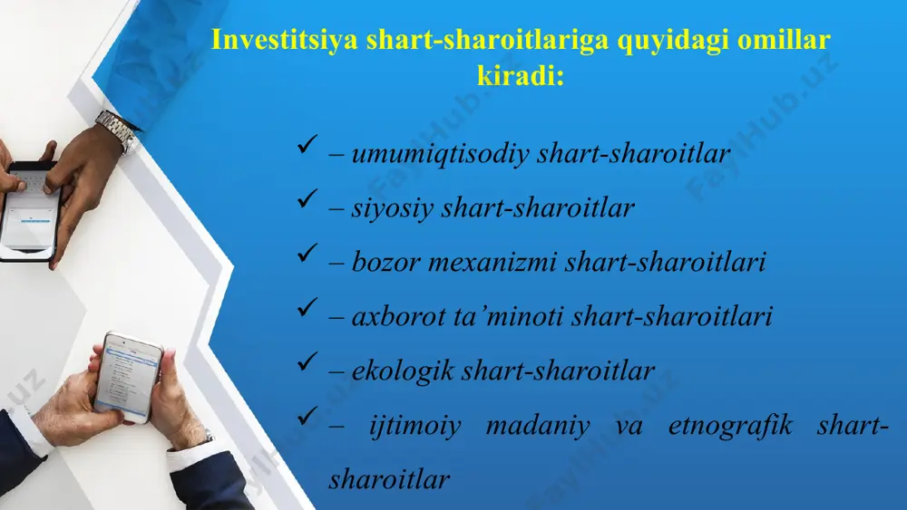 tarkibi, texnologik tizim kabilardan iborat bo‘lib, u fan yutuqlari va ularning qay darajada tatbiq etilishi bilan bog‘liq. innovatsiya salohiyati mamlakatdagi ilmiy-tadqiqot va tajriba-konstruktorlik ishlanmalari, texnika va texnologiyalarning yangilanish darajasi (yangi avlodi), milliy ishlab chiqarishdagi yangiliklar, kashfiyotlarni harakterlaydi. iste’mol salohiyati investorlar tomonidan mamlakatda ishlab chiqarilgan mahsulotlarning ichki bozorda qancha ulishi sotilish, shu asosda talabni o‘rganish, raqobatchilar va aholining daromadlari darajasi sifatida qaraladi. this presentation uses a free template provided by fppt.com www.free-power-point-templates.com moliyaviy salohiyat ushbu mamlakatning moliyaviy imkoniyatlari, iste’mol va jamg‘armaning nisbati, bank sohasida pul-kredit va depozit siyosati, tashqi qarzlar holati, ichki zaxiralar va boshqalarni harakterlaydi. investitsiya salohiyatini ifodalovchi ushbu omillarning mavjudligi xorijiy tadbirkorlarning aynan o‘sha mamlakatga investitsiya qilishining asosiy sabablaridan bo‘lishi mumkin. biroq, investitsiya salohiyatining mavjudligi xorijiy investitsiyalarning uzoq muddat davomida barqaror kirib kelishini kafolatlay olmaydi. mamlakatdagi qulay investitsiya shart-sharoitlarisiz investitsiya salohiyati hali «hazm qilinmagan» boylik hisoblanadi. investitsiya muhitini baholash, aynan, investitsiya shart-sharoitlariga asoslanadi. this presentation uses a free template …
