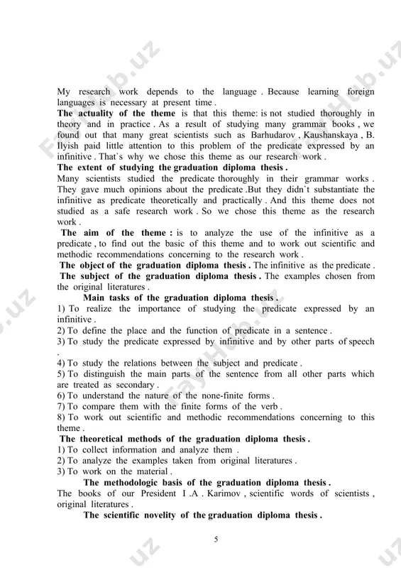 esty and effectuate pardoning of persons condemned by courts of the republic of uzbekistan;form the national security service of the republic of uzbekistan , nominate and relieve the chairman of the national security service of his post with the subsequent submission of decrees on these matters for approval by the senate of the oliy majlis of the republic of uzbekistan ; exercise other powers stipulated by the present constitution and laws of the republic . my research work depends to the language . because learning foreign languages is necessary at present time . the actuality of the theme is that this theme: is not studied thoroughly in theory and in practice . as a result of studying many grammar books , we found out that many great scientists such as barhudarov , kaushanskaya , b. ilyish paid little attention to this problem of the predicate expressed by an infinitive . …