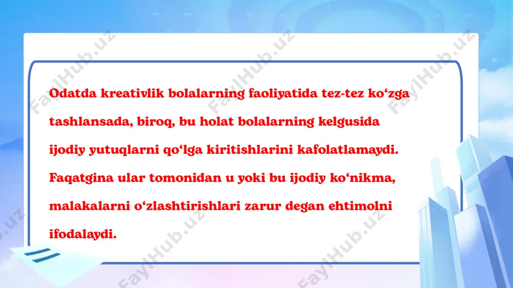 yihalash malakalari; 3) ijodiy-amaliy (konstruktiv) malakalar; 4) tadqiqotchilik malakalari; 5) muloqotga kiruvchanlik (kommunikativ) malakalari; 6) tashkilotchilik malakalari; quyida ushbu malakalar guruhlarining mohiyati yoritiladi: bo‘lajak o‘qituvchilarning kreativligini shakllantirish o‘zaro bog‘liq ikkita jihatga ega: 1. tahlil qilish, taqqoslash, umumlashtirish, sabab-natija munosabatlarini hisobga olish, tadqiq qilish, tadqiq qilish, ko‘nikmalarni shakllantirish orqali intellektual faoliyat samaradorligini oshirish, bilimlarni tizimlashtirish, o‘z nuqtai nazarini asoslash, yangi g‘oyalarni yaratish; 2. shaxsiy kognitiv moyilliklarni, kognitiv uslublarni, o‘quv materialining tanlanganligini hisobga olish asosida individual o‘ziga xoslikning o‘sishi. shaxsning eng muvaffaqiyatli rivojlanishi uning atrof-muhitdagi ochiq o‘zaro ta’sirini (dialogini) ta’minlashdir: kreativlikni rivojlantirishning nazariy va amaliy asoslarini tahlil qilish natijalari bo‘lajak o‘qituvchining pedagogik amaliyot davridagi kreativligini rivojlantirishning tarkibiy-funksional modeli tamoyillarini ajratib ko‘rsatish imkonini beradi. bu tamoyillar quyidagilardan iborat: 1.muammoli tamoyili. muammoli tamoyilidan foydalanish pedagogik faoliyat uchun yangilik emas. kreativlikning mohiyati muammoli xarakterga ega bo‘lib, u muammoning nostandart yechimini topishdan iborat. 2. ijodiy yo‘nalish tamoyili. bu tamoyil nafaqat reproduktiv, balki ijodiy faoliyat ko‘nikmalarini rivojlantirishni …
