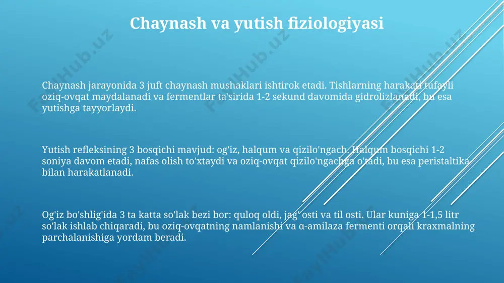 kichlardan og'ishlar kuzatiladi. chaynash jarayoni chaynash jarayonida og'iz bo'shlig'ida tishlar yordamida ovqat maydalanadi, so'lak fermentlari (masalan, amilaza) ta'sirida dastlabki hazm boshlanadi. optimal chaynash uchun taxminan 20-30 marta harakat kerak bo'ladi. chaynash jarayoni nerv sistemasi orqali boshqariladi, ayniqsa trigeminal (v) nervning motor yadrolari muhim rol o'ynaydi. chaynash refleksining tezligi sekundiga 0.8-1.2 tsiklni tashkil etishi mumkin. ovqatning tuzilishi chaynash jarayoniga ta'sir etadi. qattiq ovqatlar yumshoq ovqatlarga nisbatan ko'proq chaynashni talab etadi, o'rtacha 15 dan 40 gacha chaynash harakatlariga olib kelishi mumkin. e'tiboringiz uchun rahmat @taqdimot_robot