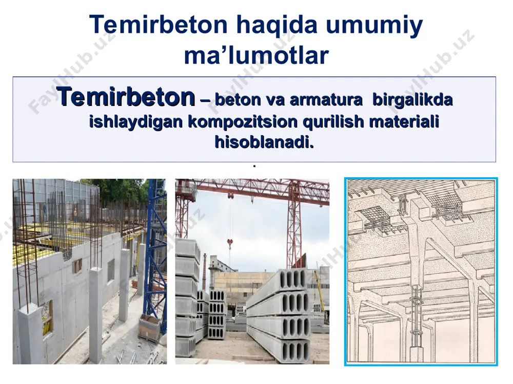 gumbazni qurishda turli xil zichlikdagi to‘ldiruvchi ishlatilgan: og‘ir - pastki kamarlarda (belbog‘larda), yengil - yuqori kamarlarda (belbog‘larda). qoraqal’a termalari. qurilish davri: eramizning 206 - 217 yy. barcha konstruksiyalar - devorlar va gumbazlar yaxlit betondan qurilgan: ohakning shag‘al va qum bilan aralashmasi. gumbazlarning diametri 35 m ga yetgan. 2. portlandsementning ixtiro qilinishi. 1802-yilda sarskoye selo saroyining qoplamasini qurishda armaturalangan betondan foydalanilgan. 1824-yilda jozef aspdin portlandsementga patent olgan. 3. dastlabki temirbeton konstruksiyalarni tayyorlash: 1849-yilda fransiyada lambo armotsementdan qayiq yasagan; 1867-yil 16-iyulda jozef mone mustahkam bog‘ bochkasiga patent olgan; 1860-yillar - hozirgi davr. - temirbeton konstruksiyalarining yangi turlarini ishlab chiqish va hisoblash nazariyasining rivojlanishi. jozef mone (1823-yil 8-noyabr - 1906-yil 12-mart) - temirbeton ixtirochilaridan biri. birinchi bo‘lib yangi material - temirbeton uchun patent oldgan. 1885-yilda germaniyada injener vays va prof. baushinger temirbeton konstruksiyalarning mustahkamligi va o‘tga chidamliligini aniqlash bo‘yicha dastlabki ilmiy tajribalarni o‘tkazganlar. 1891-yilda prof. n.a. belelyubskiy birinchi marta temirbeton konstruksiyalarni bir qator …
